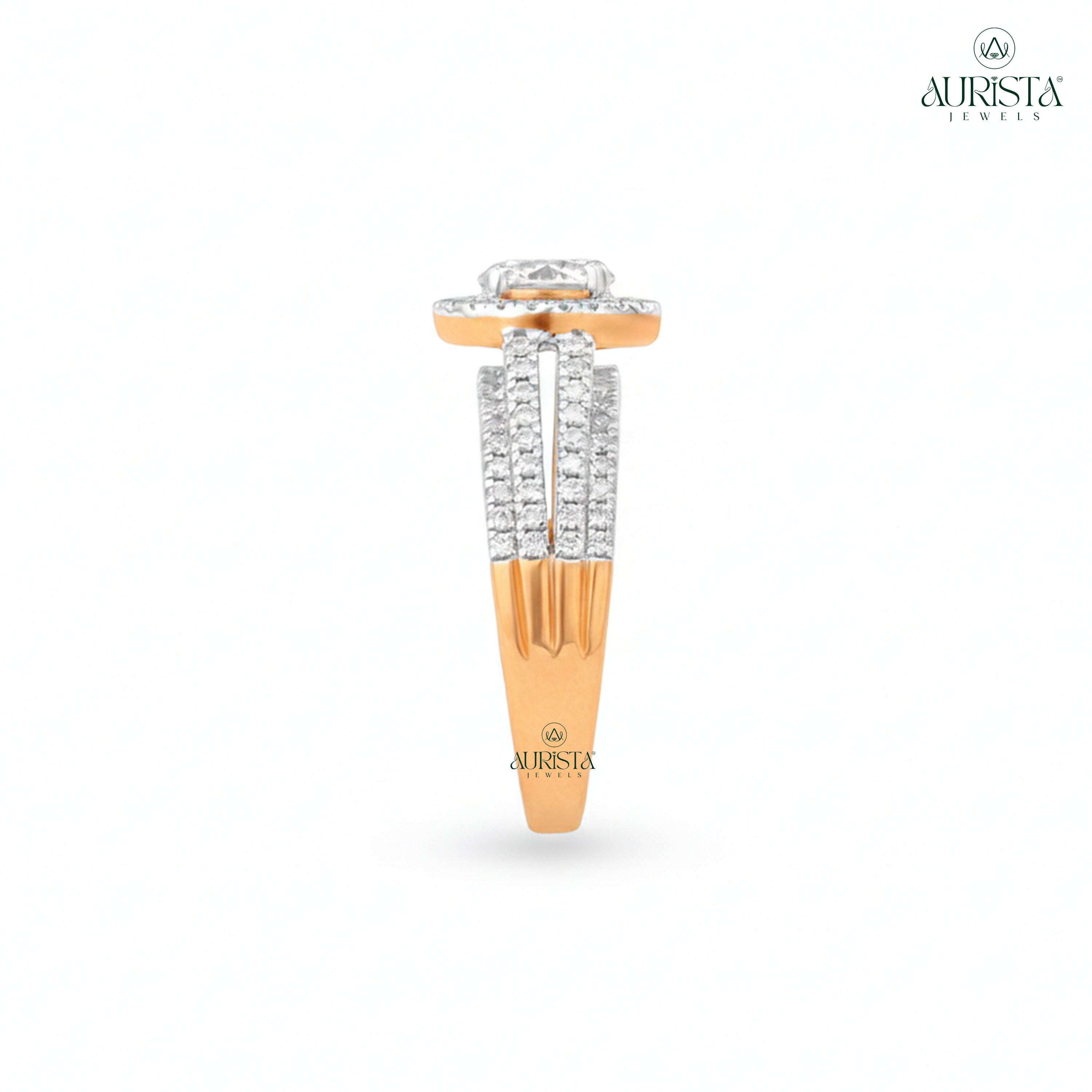 Moissanite Diamond Round Halo Split Shank Rose Gold Engagement Ring with Pave Diamonds