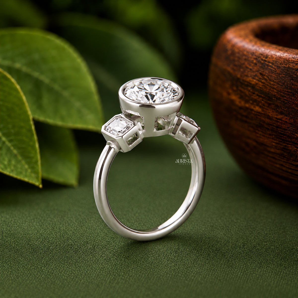 Round & Emerald Lab Grown Diamond Bezel Ring, Three Stone Engagement Wedding Band