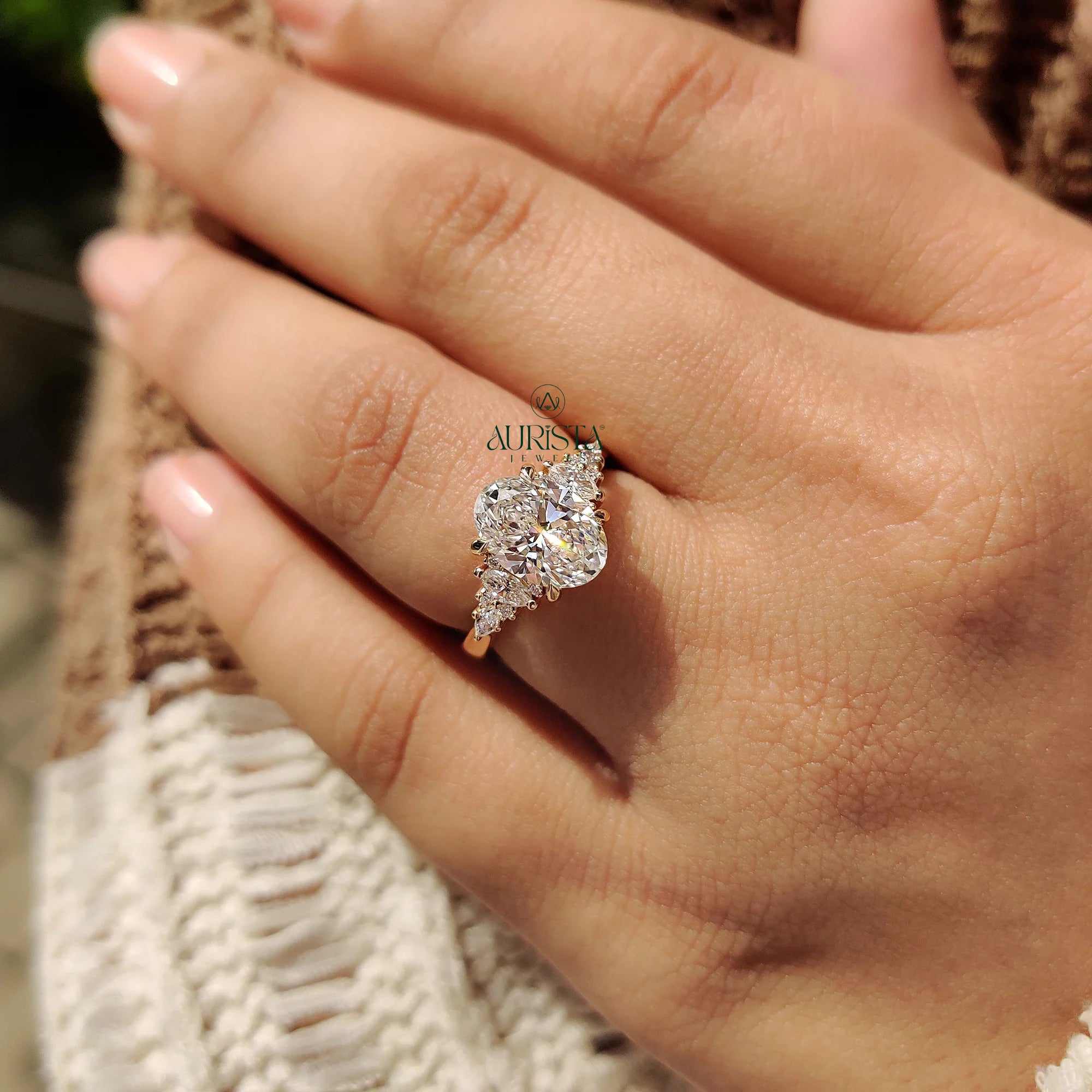 Oval Cut Diamond Ring with Vintage Tiered Side Stones