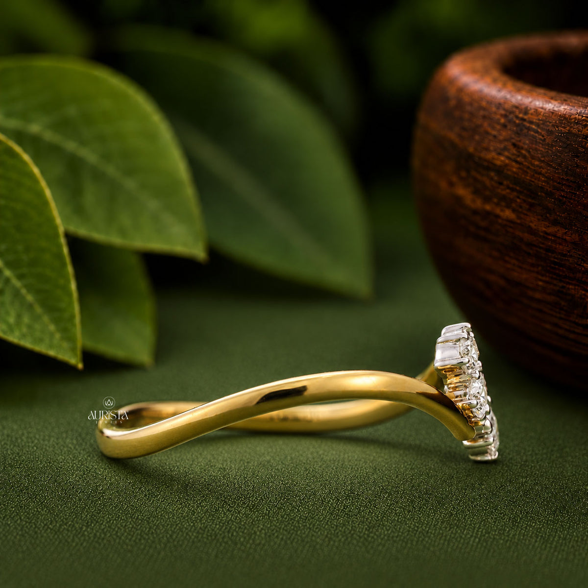 Round Cut Lab Grown Diamond Cluster Ring, Unique Bypass Gold Band, Statement Ring