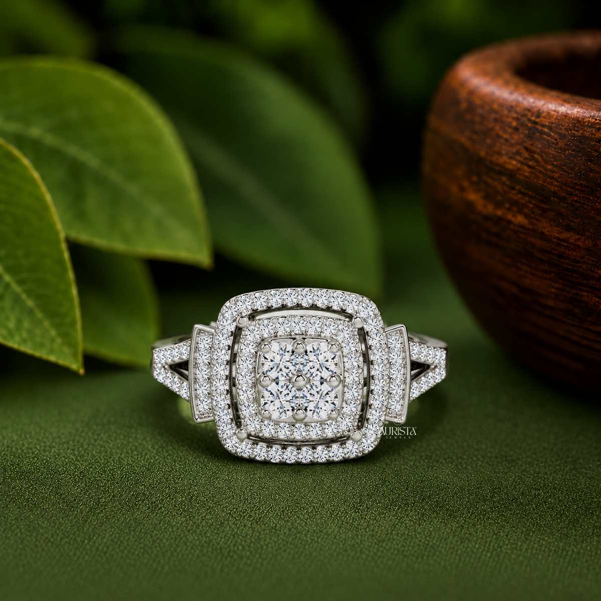 Round Lab Grown Diamond Double Halo Cluster Engagement Ring White Gold Bridal