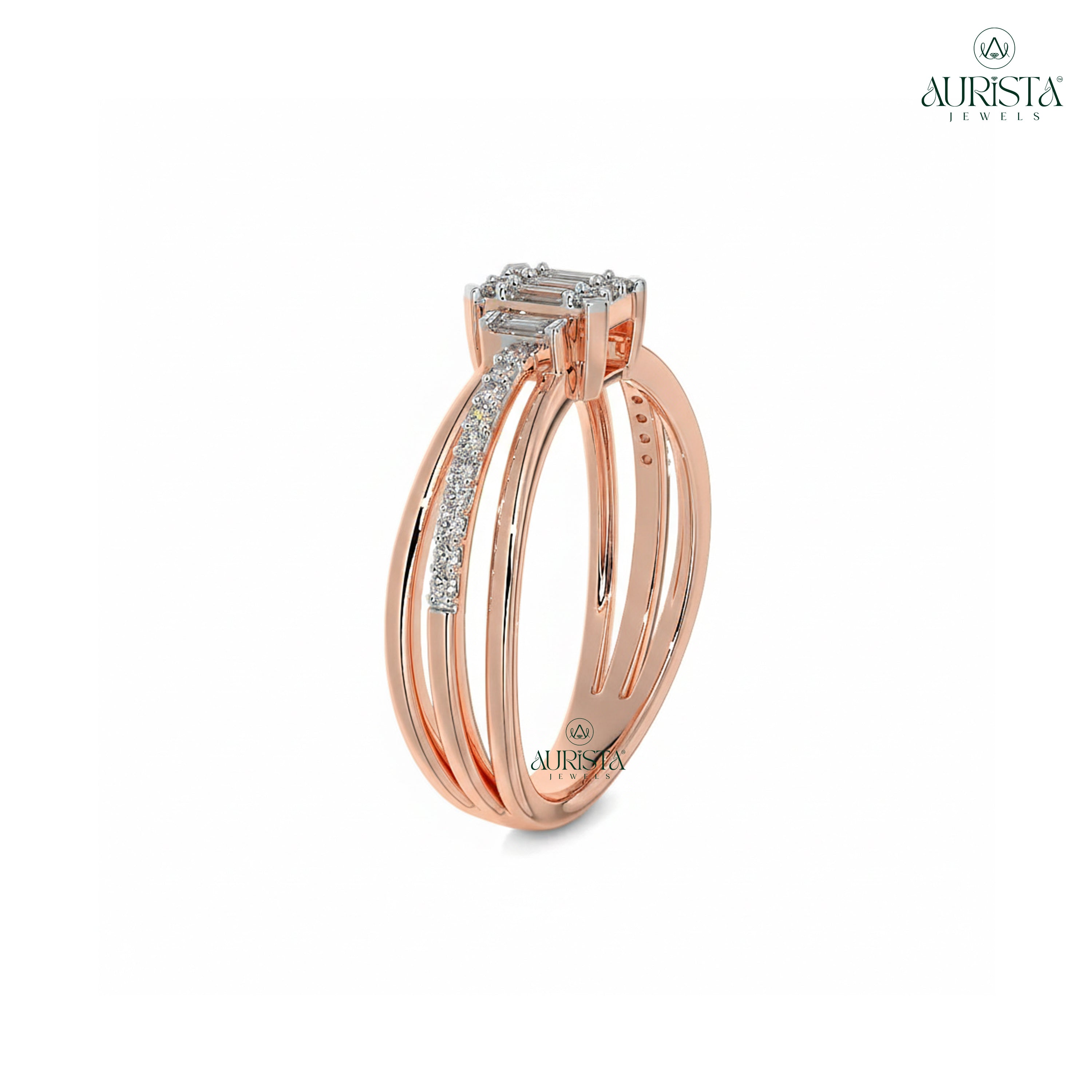 Baguette Moissanite Diamond Ring, Rose Gold Multi-Layer Band With Pave Accents
