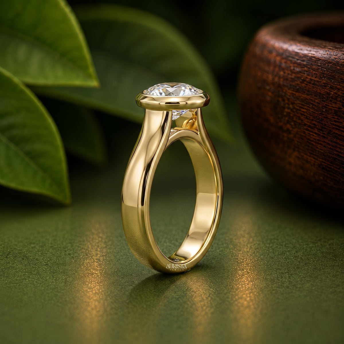 Oval Shape Lab Grown Diamond Ring, Bezel Set Solitaire Minimalist Yellow Gold Band