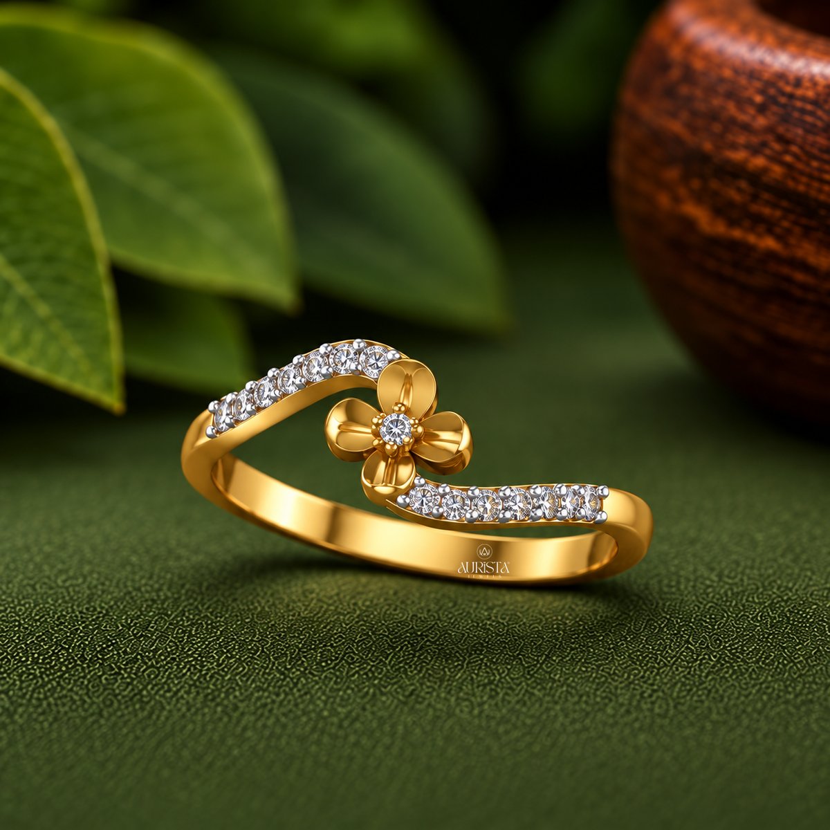 Gold Flower Bypass Ring with Pavé Accents Lab Grown in Diamond