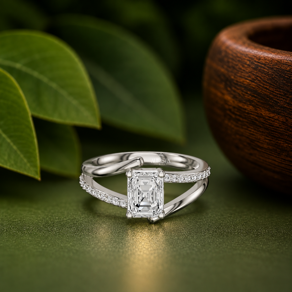 Emerald Cut Bypass Engagement Ring Lab Grown in Diamond Cross Over Band