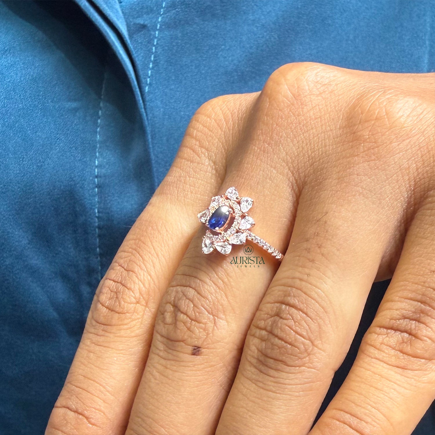 Blue Oval Cluster Ring Floral Design Luxury Moissanite Wedding Statement Jewelry