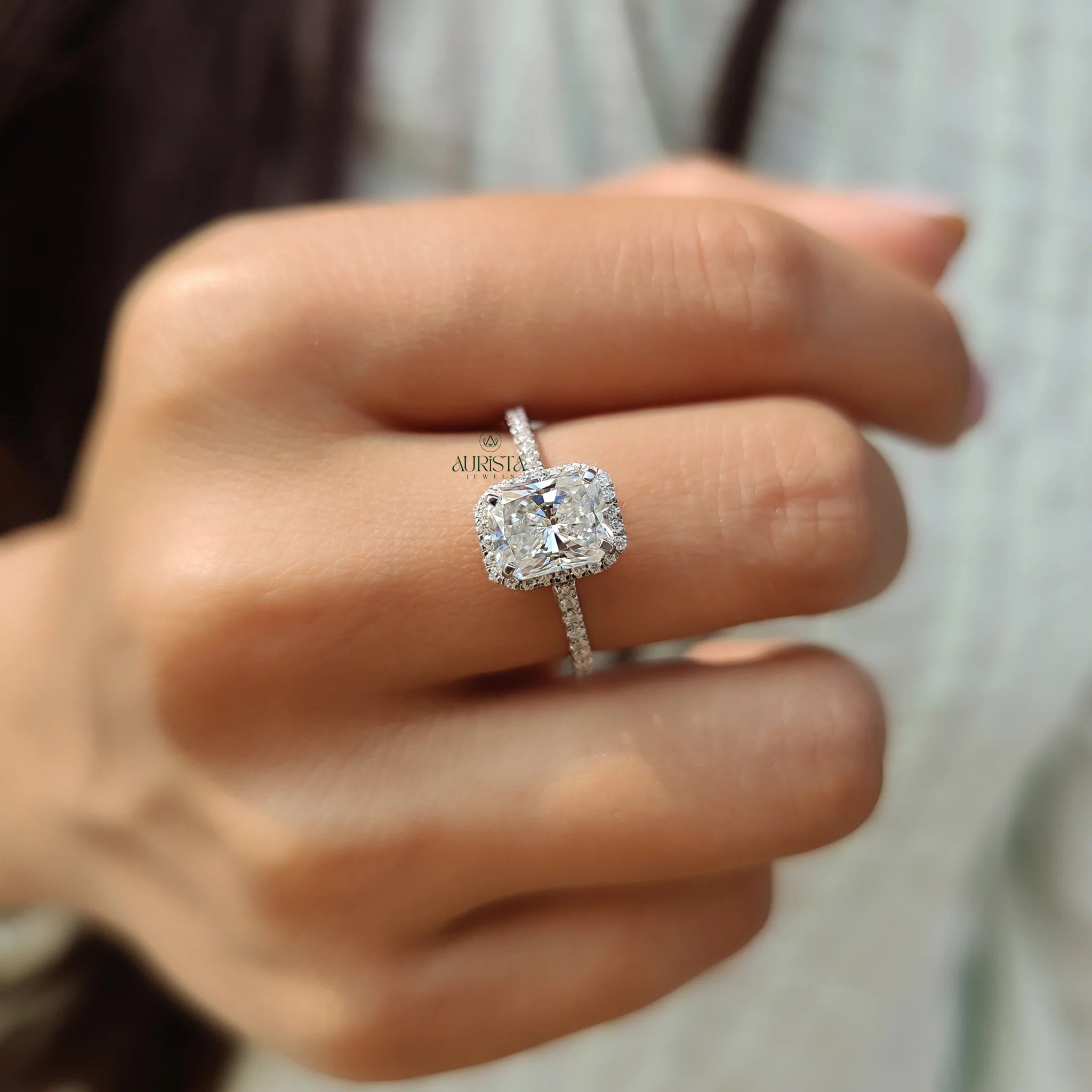 Radiant Cut Moissanite Halo Engagement Ring with Diamond Pave Band