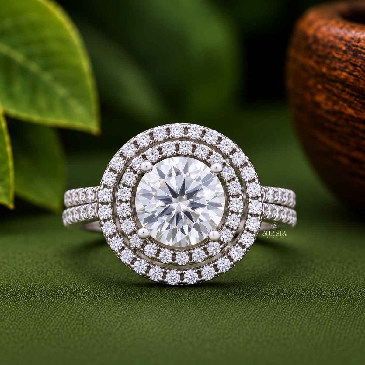 Round Cut Lab Grown Diamond Double Halo Bridal Set, 2.00 Carats, Stackable Wedding Ring