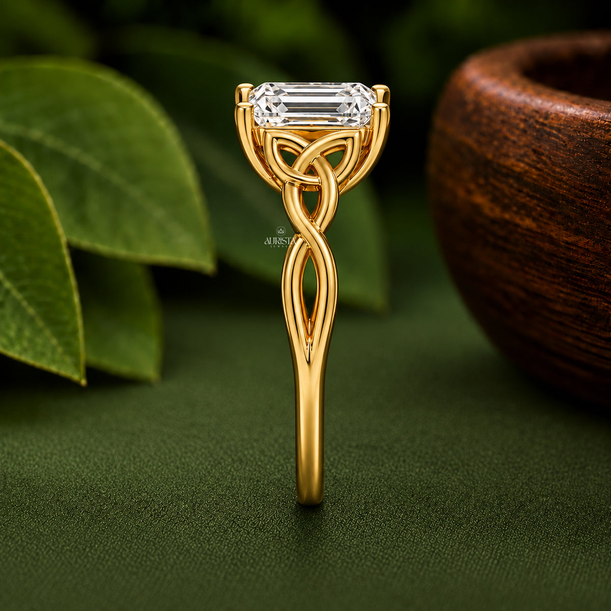 Emerald Cut Lab Grown Diamond Celtic Ring, Twisted Knot Engagement Wedding Band Ring