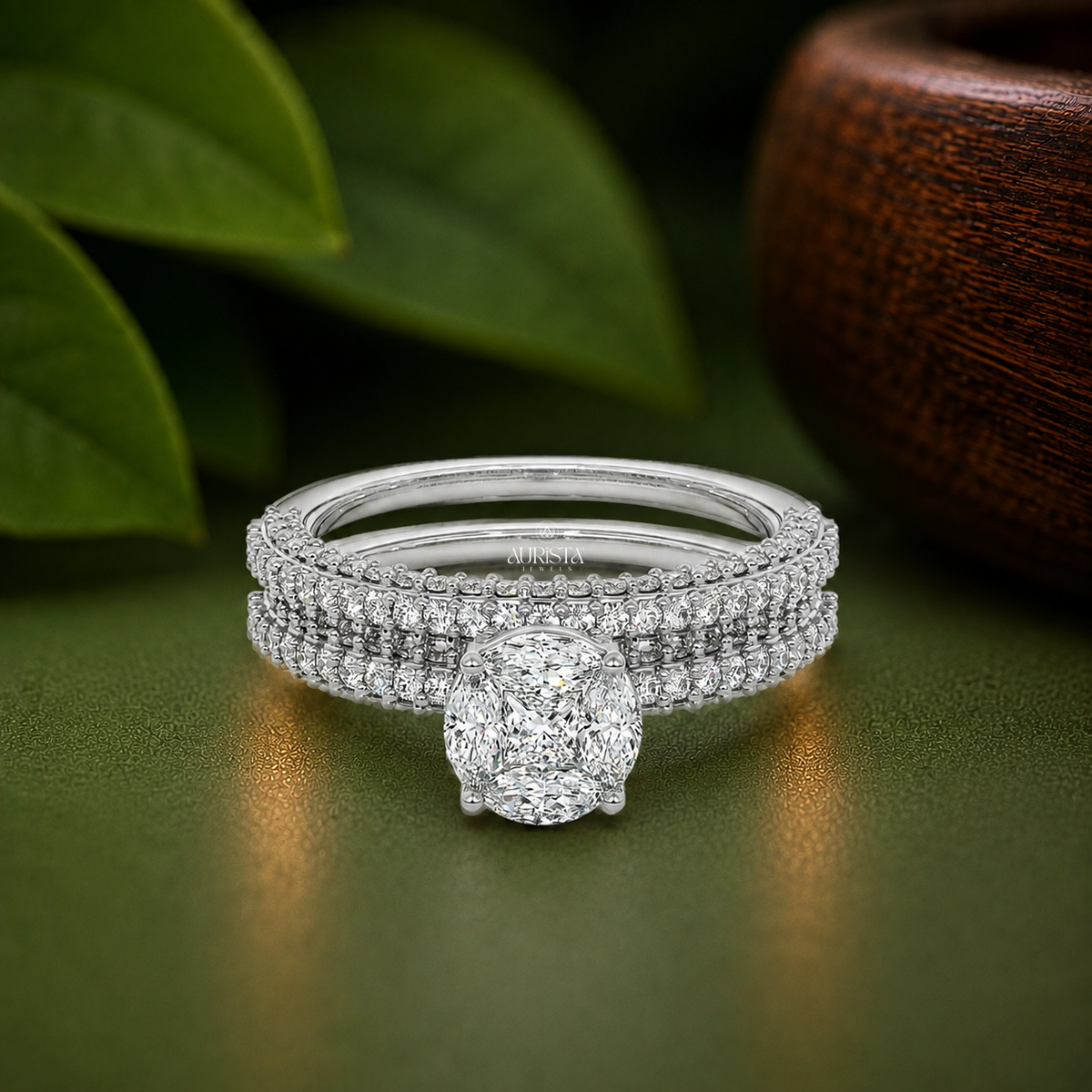 Lab Grown Diamond Bridal Ring Set - Cushion Cluster Pave Engagement and Wedding Bands