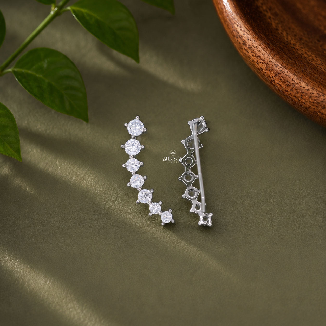 Round Moissanite Graduated Ear Climber Earrings - Prong Set Silver Crawler Earrings
