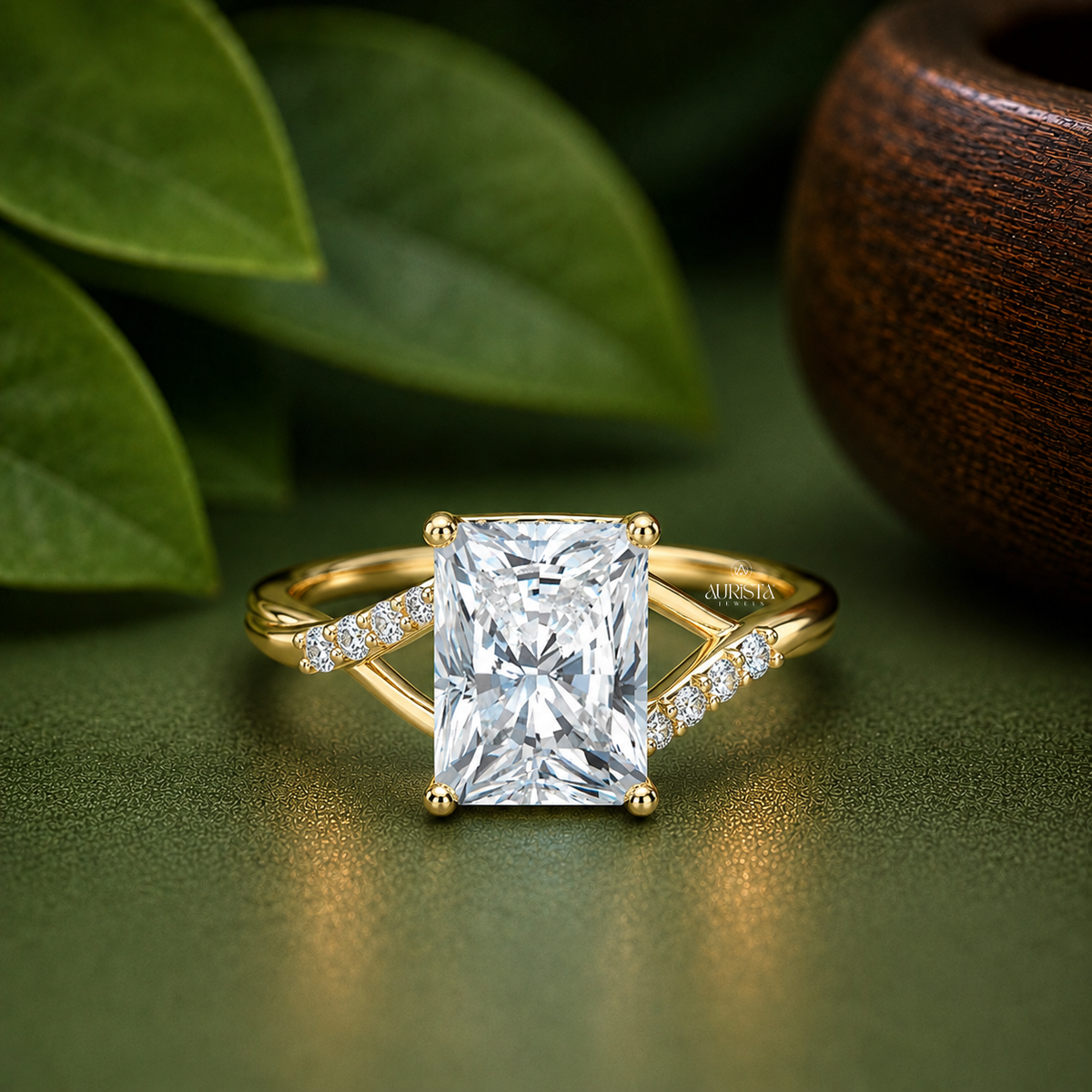 Radiant Cut Lab Grown Diamond Ring, Elegant Twisted Pavé Band In Yellow Gold