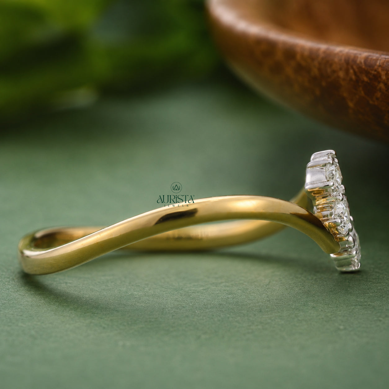 Round Cut Lab Grown Diamond Cluster Ring, Unique Bypass Gold Band, Statement Ring