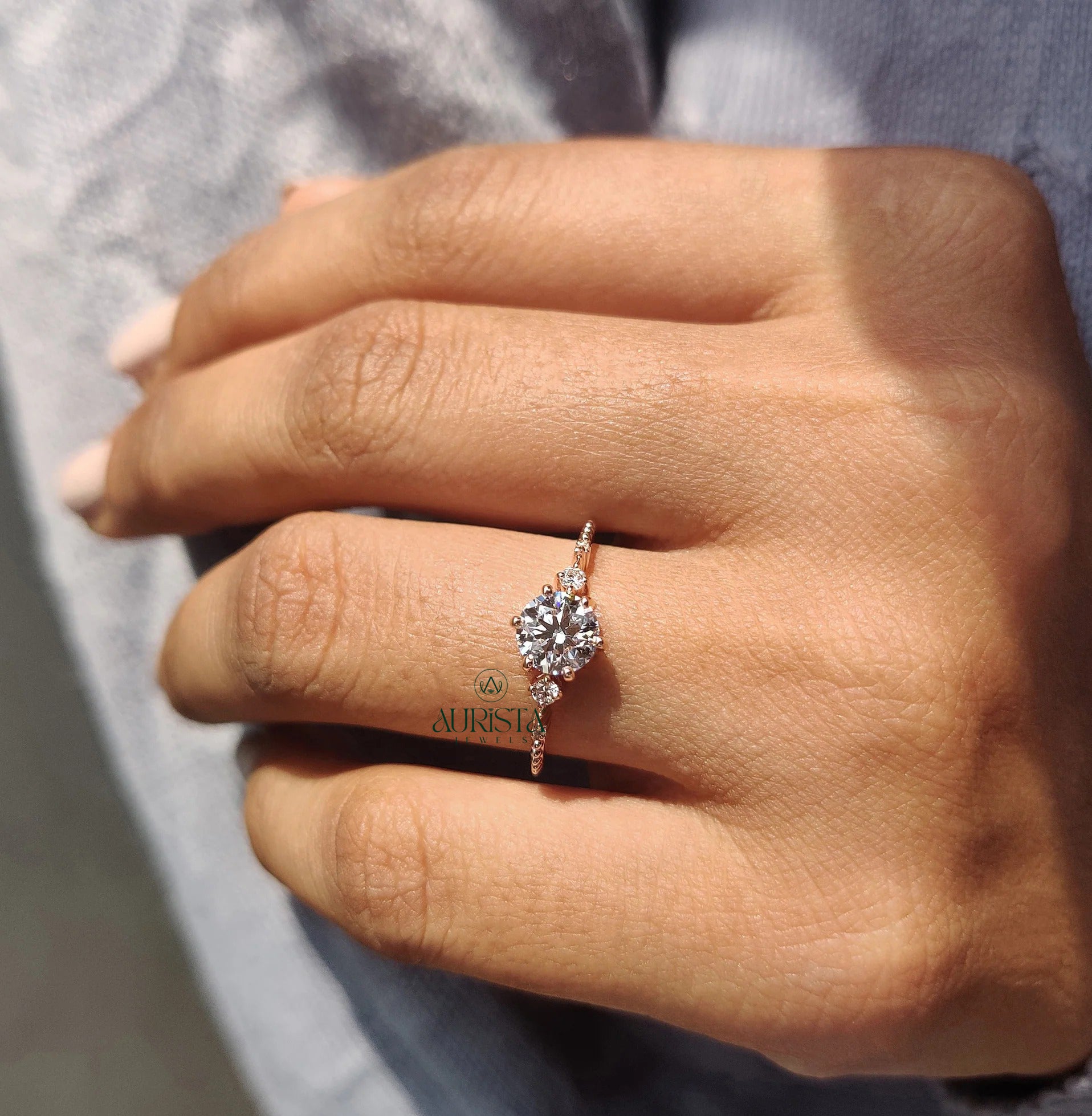 Round Brilliant Diamond Ring with Beaded Band and Round Side Stones
