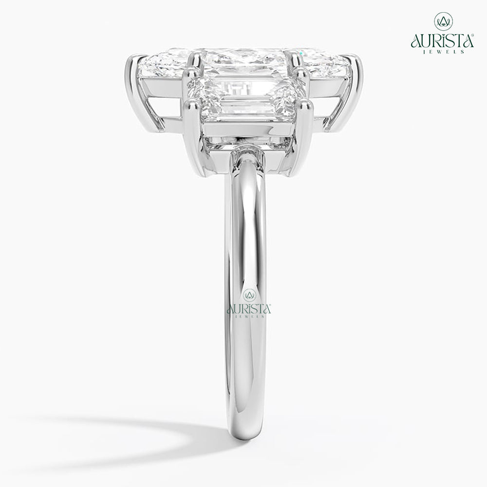 Marquise & Emerald Lab Grown Diamond Ring, Three Stone Engagement Wedding Band Ring