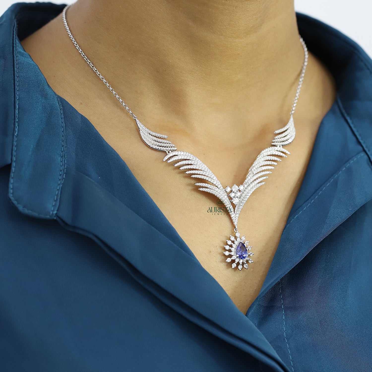 Unique Blue Pear Stone Necklace Wing Style Moissanite Statement Fine Jewelry