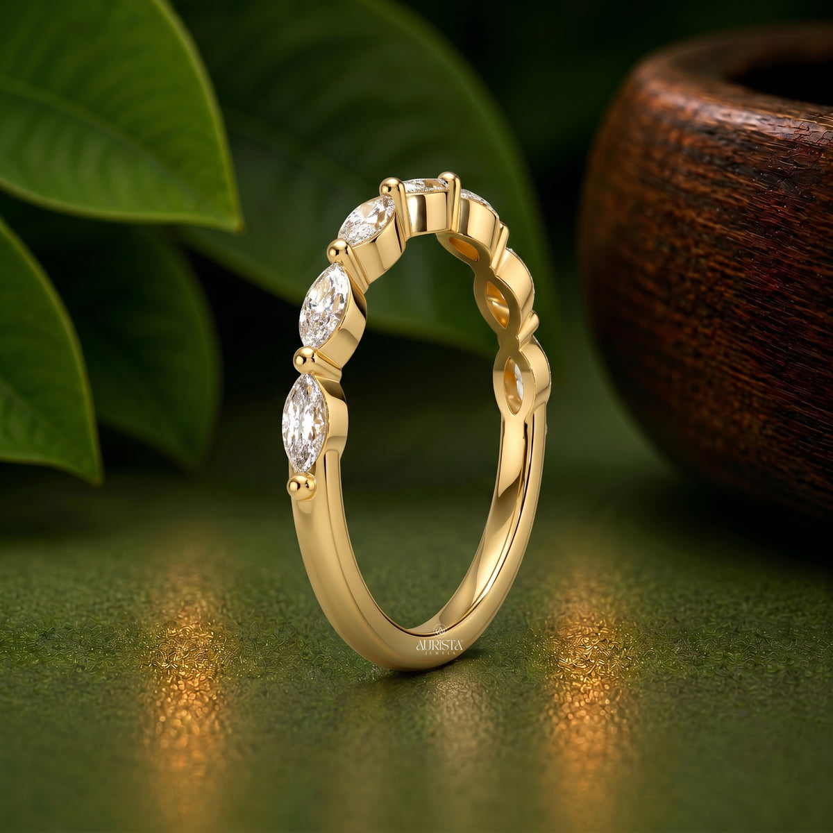 Marquise Lab Grown Diamond Band, Yellow Gold Stacking Ring With Marquise Stones