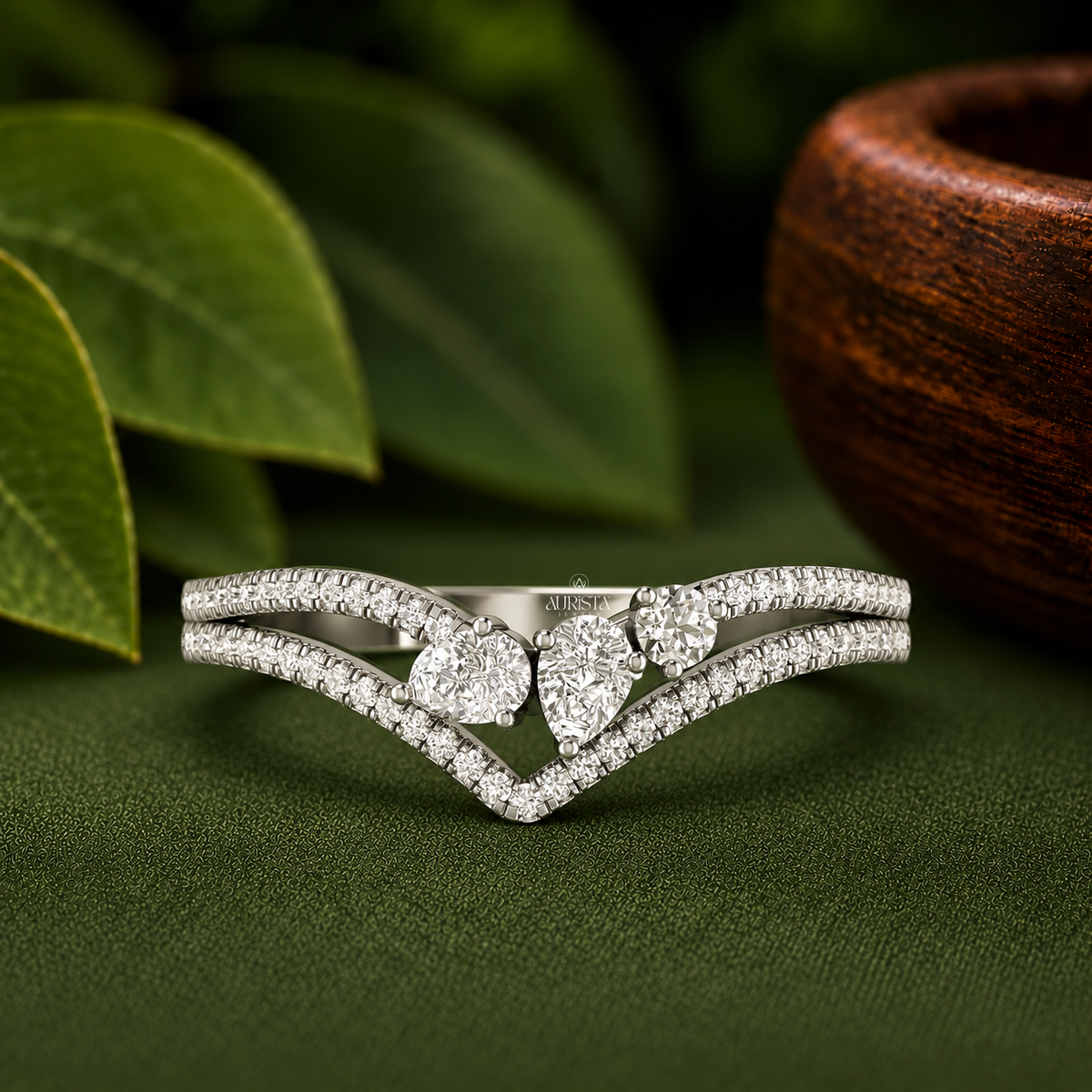 Lab Grown Diamond Asymmetrical Pear Round Cluster Curved Chevron Split Shank