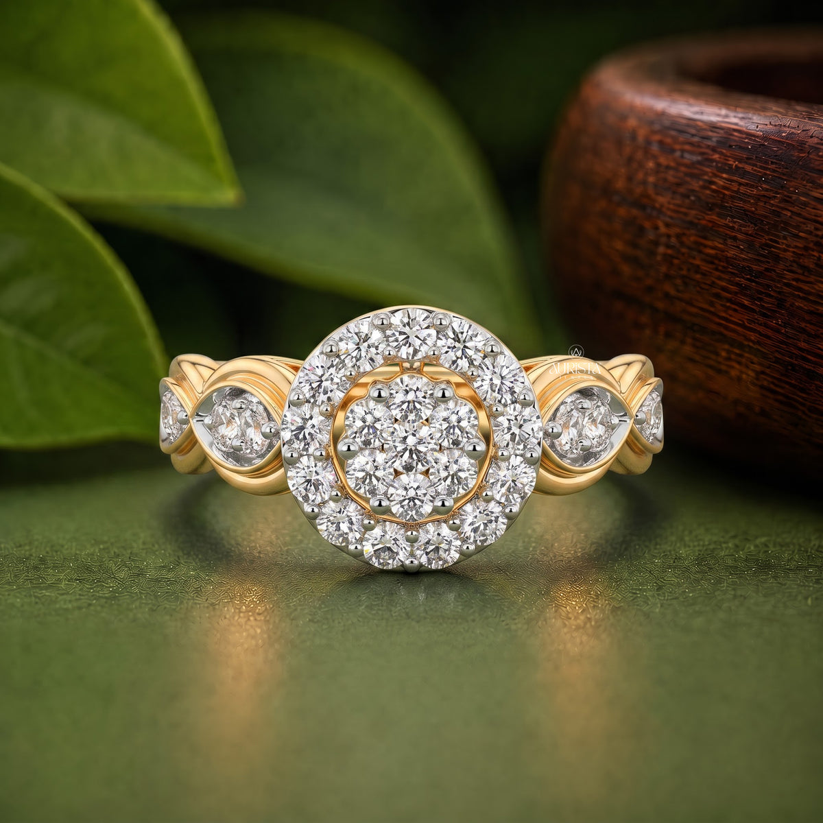 Round Moissanite Diamond Flower Motif Statement Band In Yellow Gold Anniversary Gift