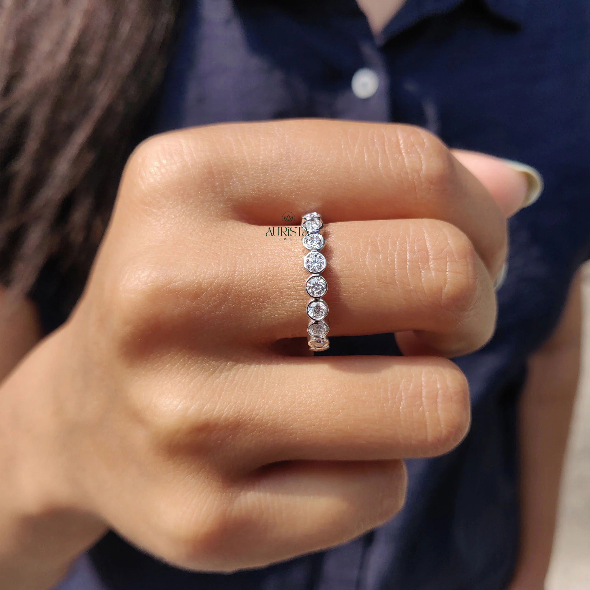 Moissanite Diamond Bezel Eternity Band Minimalist Stackable Wedding Ring