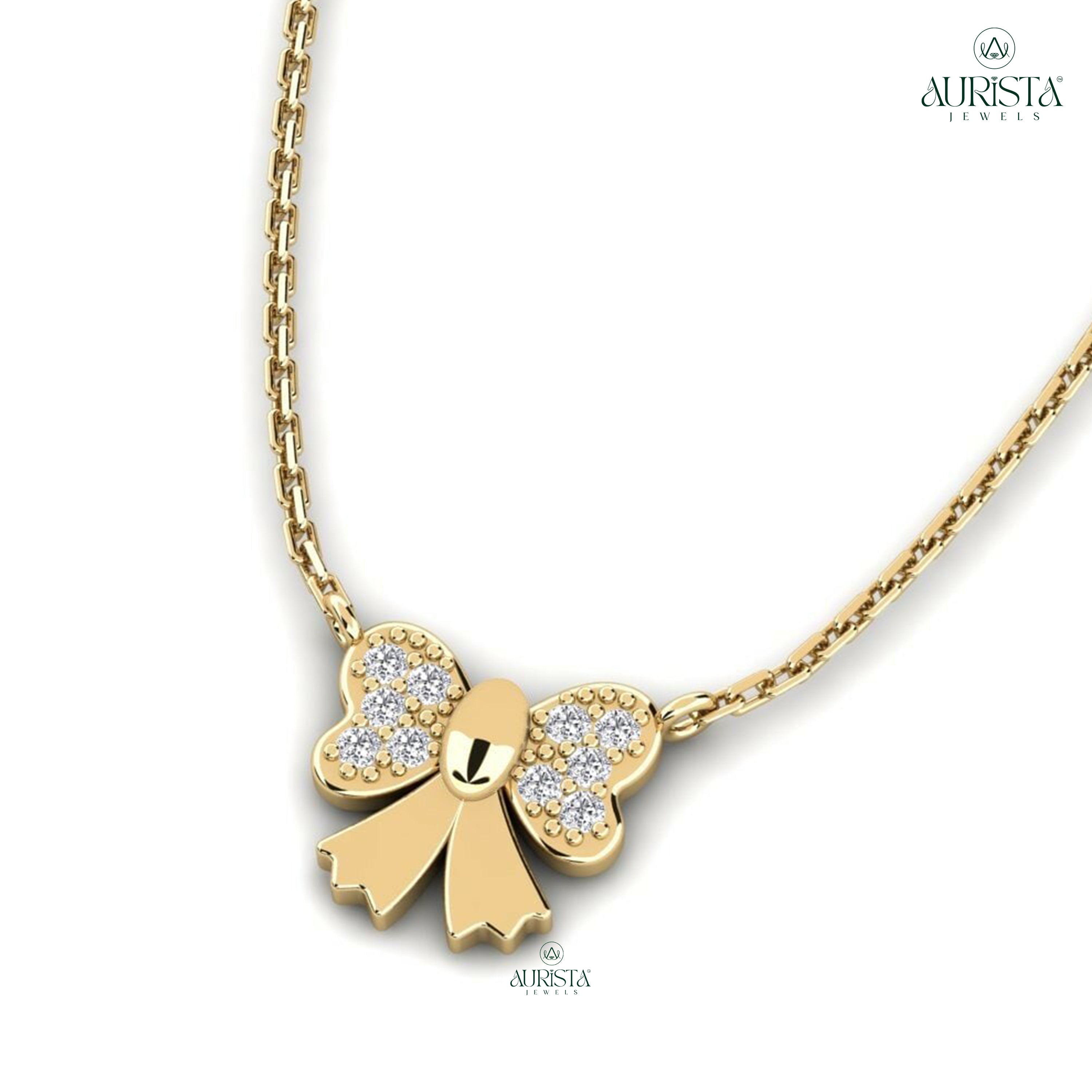 Dainty Bow Moissanite Diamond Pendant Necklace in Polished Gold Finish
