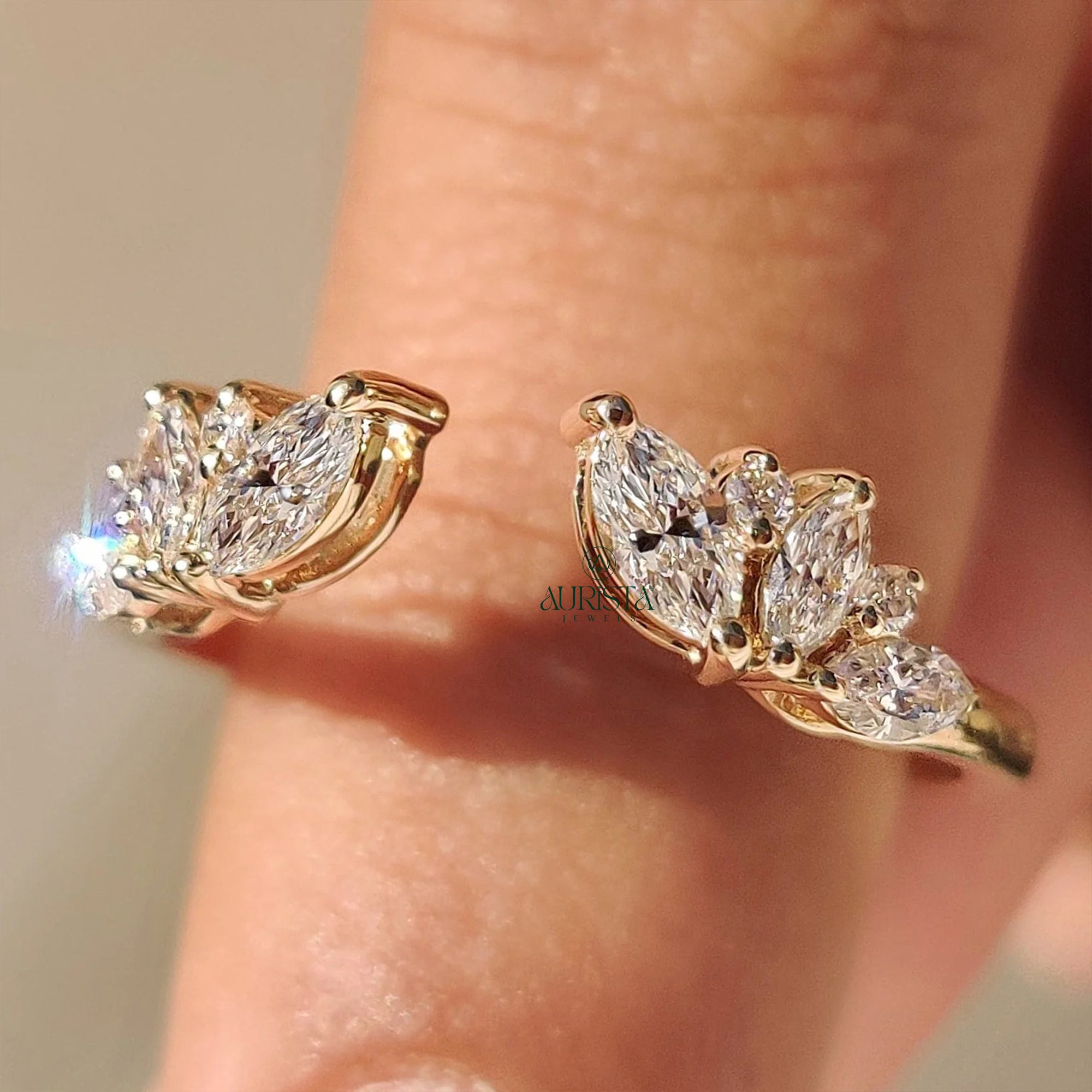 Marquise Lab Grown Diamond Open Cuff Ring Enhancer Curved Yellow Gold Band