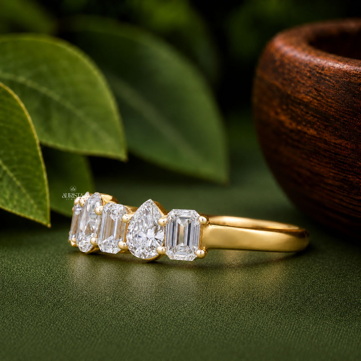 Mixed Cut Lab Grown Diamond Band, Emerald & Pear Shape, Unique Wedding Ring