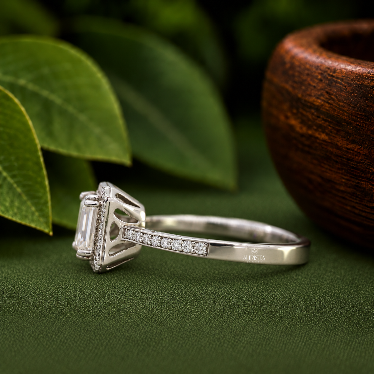Emerald Cut Lab Grown Diamond Halo Engagement Ring in 14k White Gold