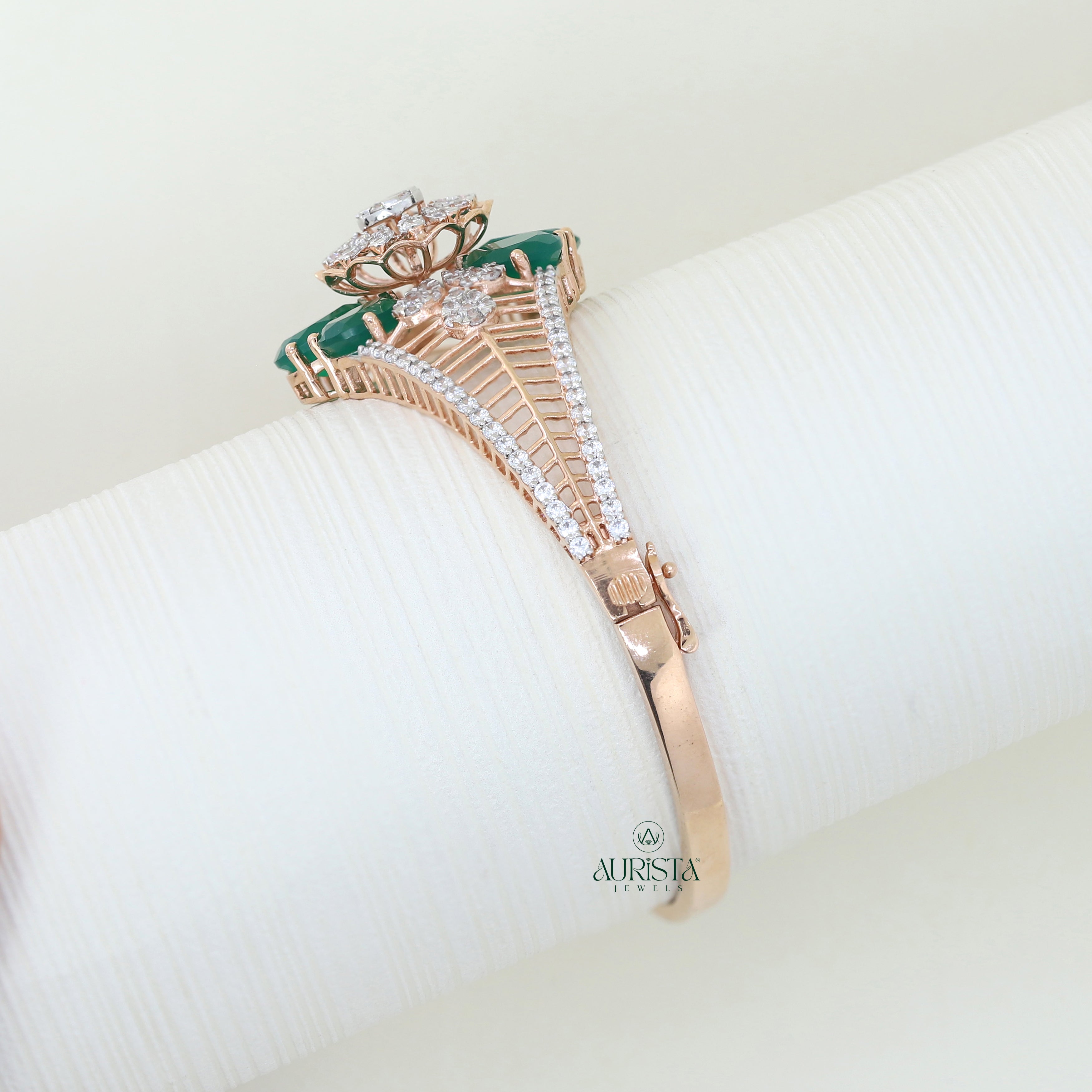 Round Moissanite & Pear Cut Green Stone Floral Bangle