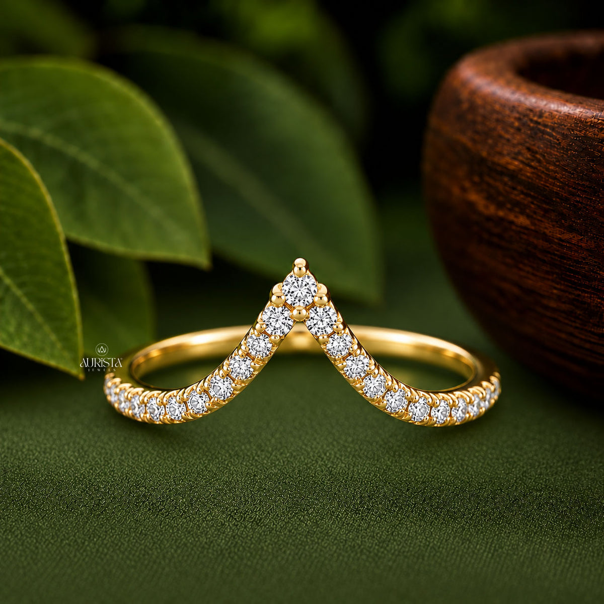Round & Pear Lab Grown Diamond Crown Ring, Chevron Statement Wedding Band Set