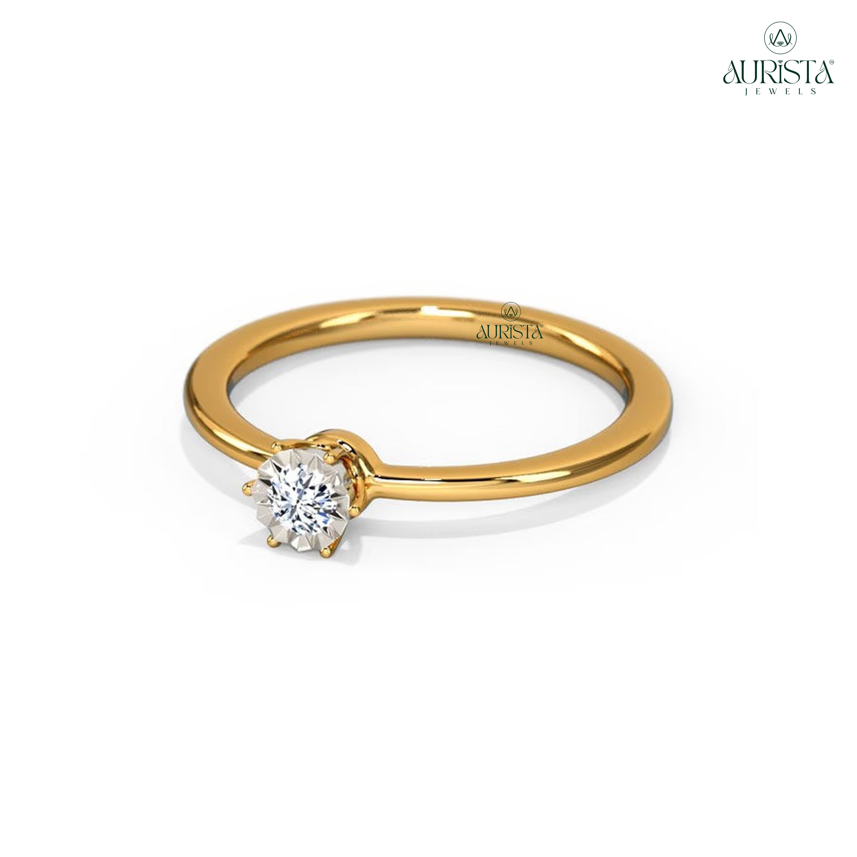 Moissanite Diamond Round Solitaire Engagement Ring Yellow Gold Minimalist Promise
