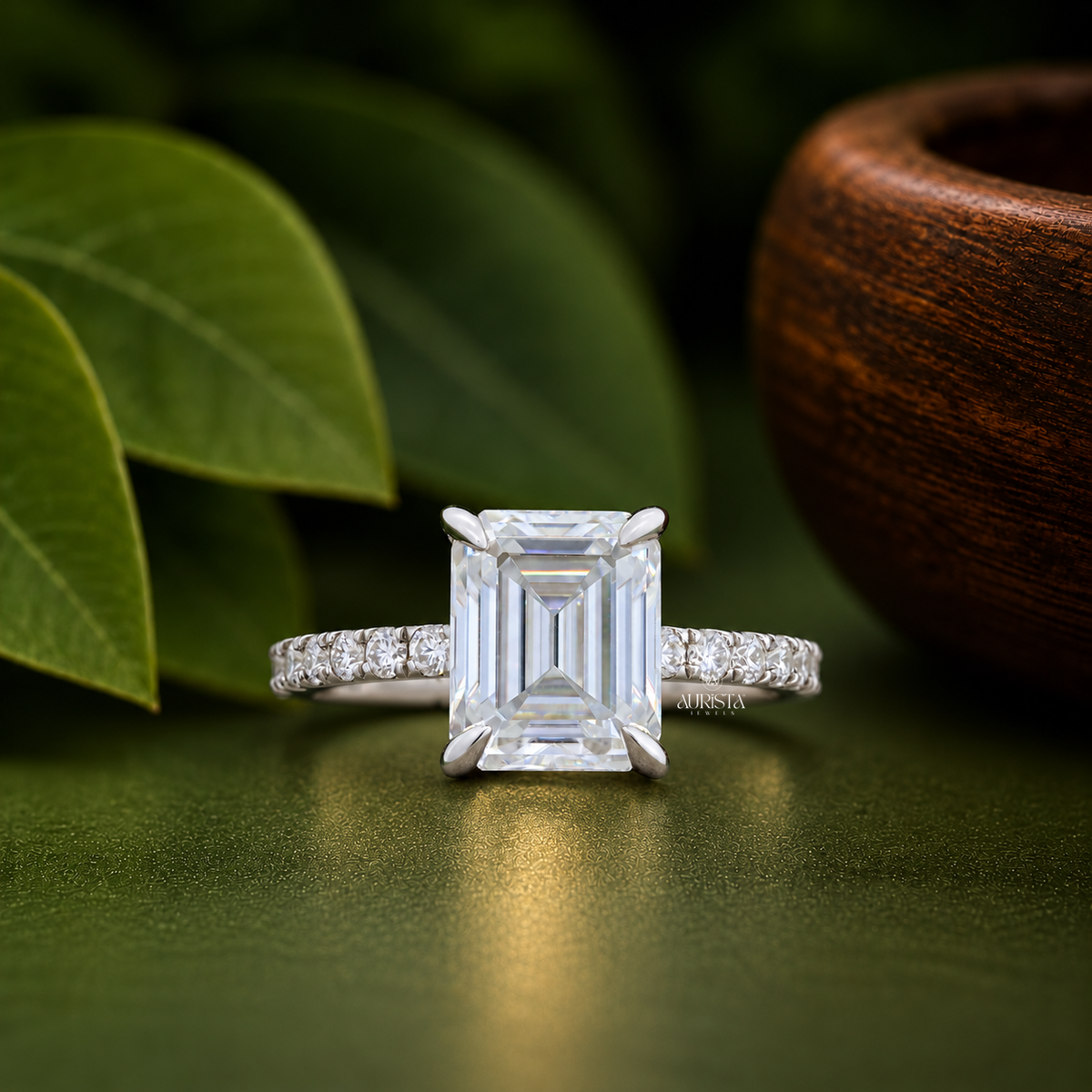 Emerald Cut Lab Grown Diamond Engagement Ring, Pavé Wedding Ring