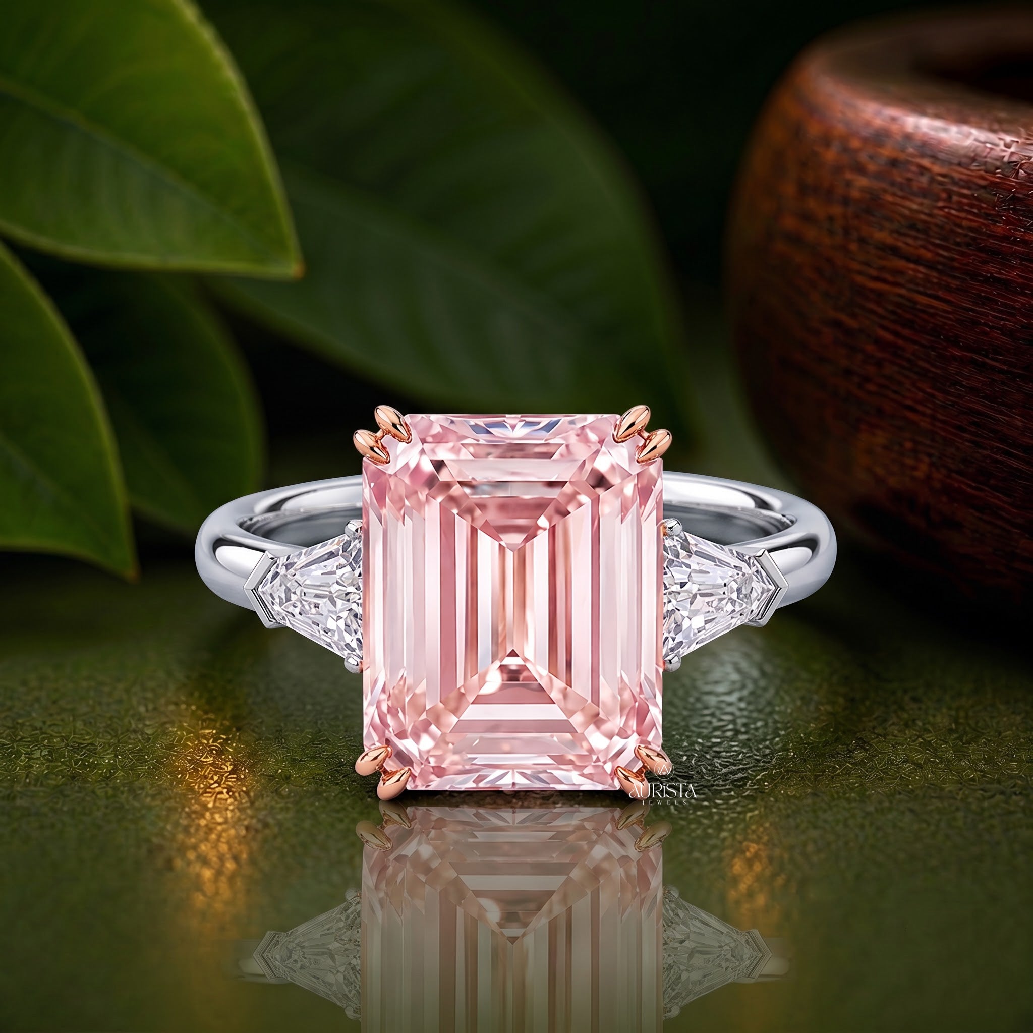 Lab Grown in Diamond Pink Emerald Cut Ring Three Stone Engagement Ring Statement