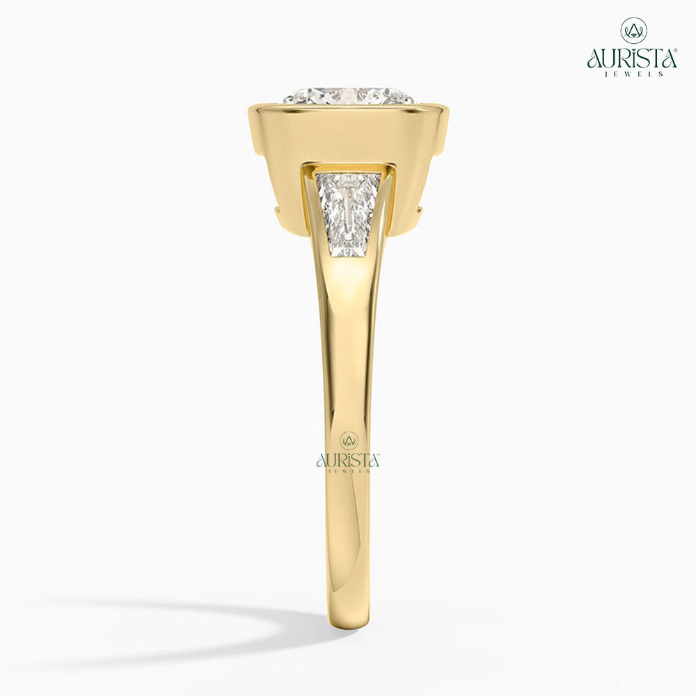 Cushion Moissanite Diamond Ring, Bezel Set Yellow Gold With Baguette Side Stones