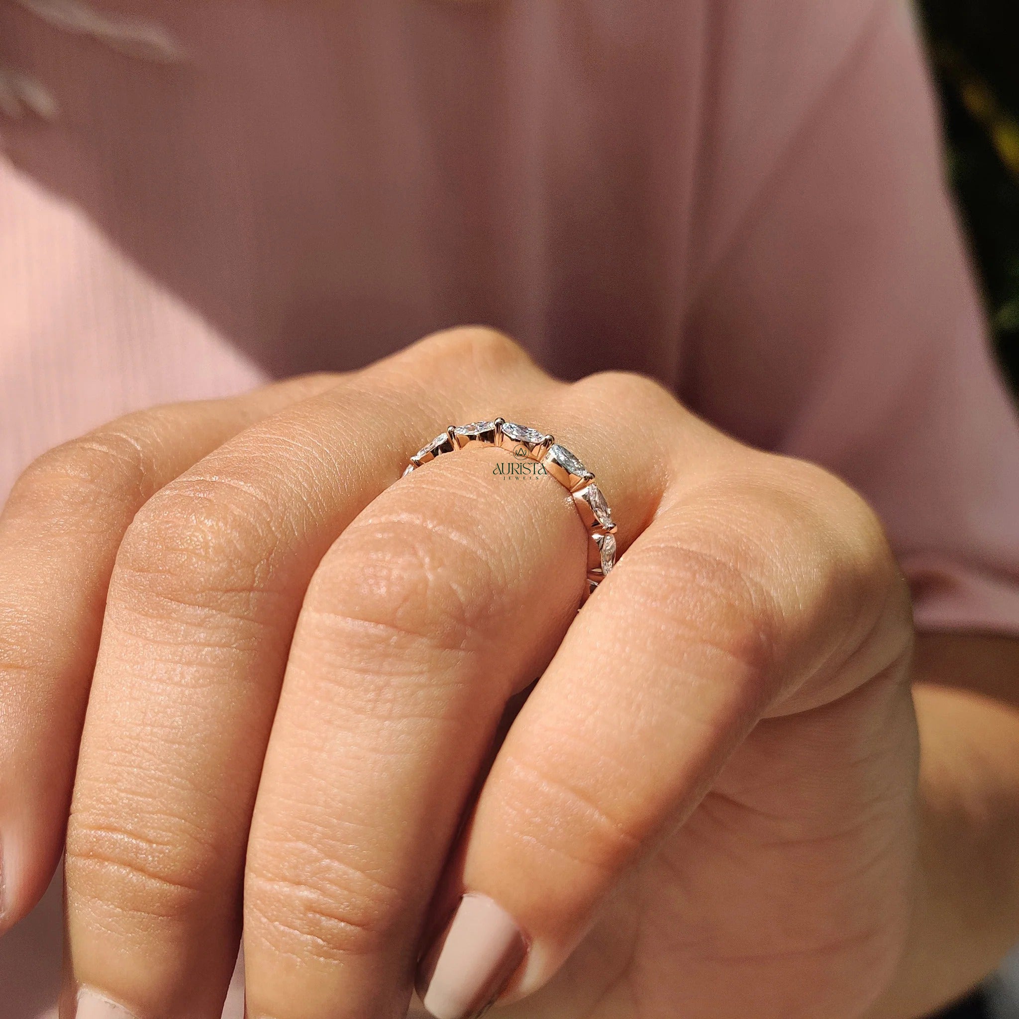 Horizontal Marquise Moissanite Diamond Full Eternity Wedding Band Yellow Gold Ring
