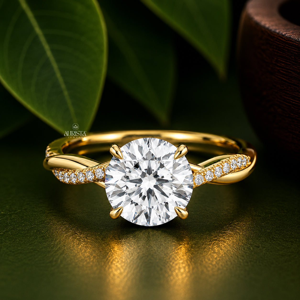 Round Cut Lab Grown Diamond Twisted Ring, Pavé Band Engagement Ring, Solitaire Band