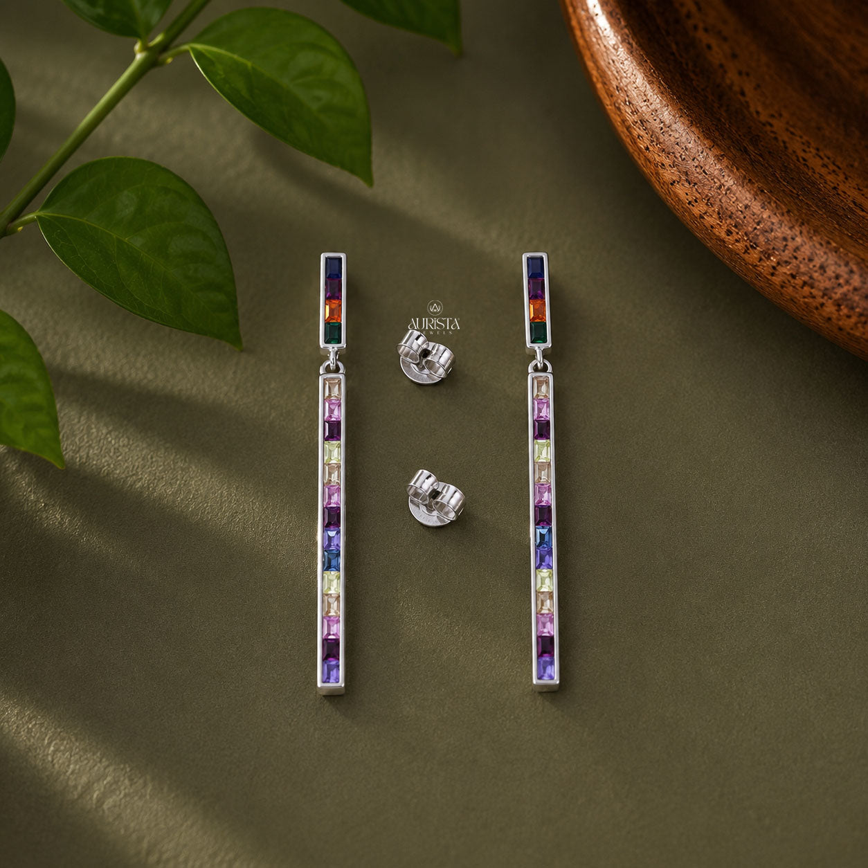 Rainbow Gemstone Moissanite Bar Earrings - Baguette Cut Silver Long Drop Earrings