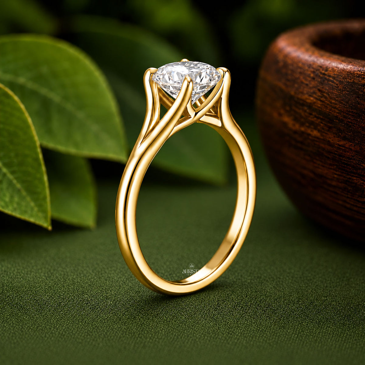 1 CT Round Lab Grown Diamond Engagement Ring & Gold Contour Bridal Set