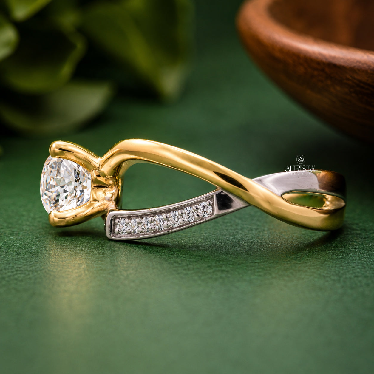 Round Cut Lab Grown Diamond Bypass Ring, Pavé Gold Engagement Wedding Ring
