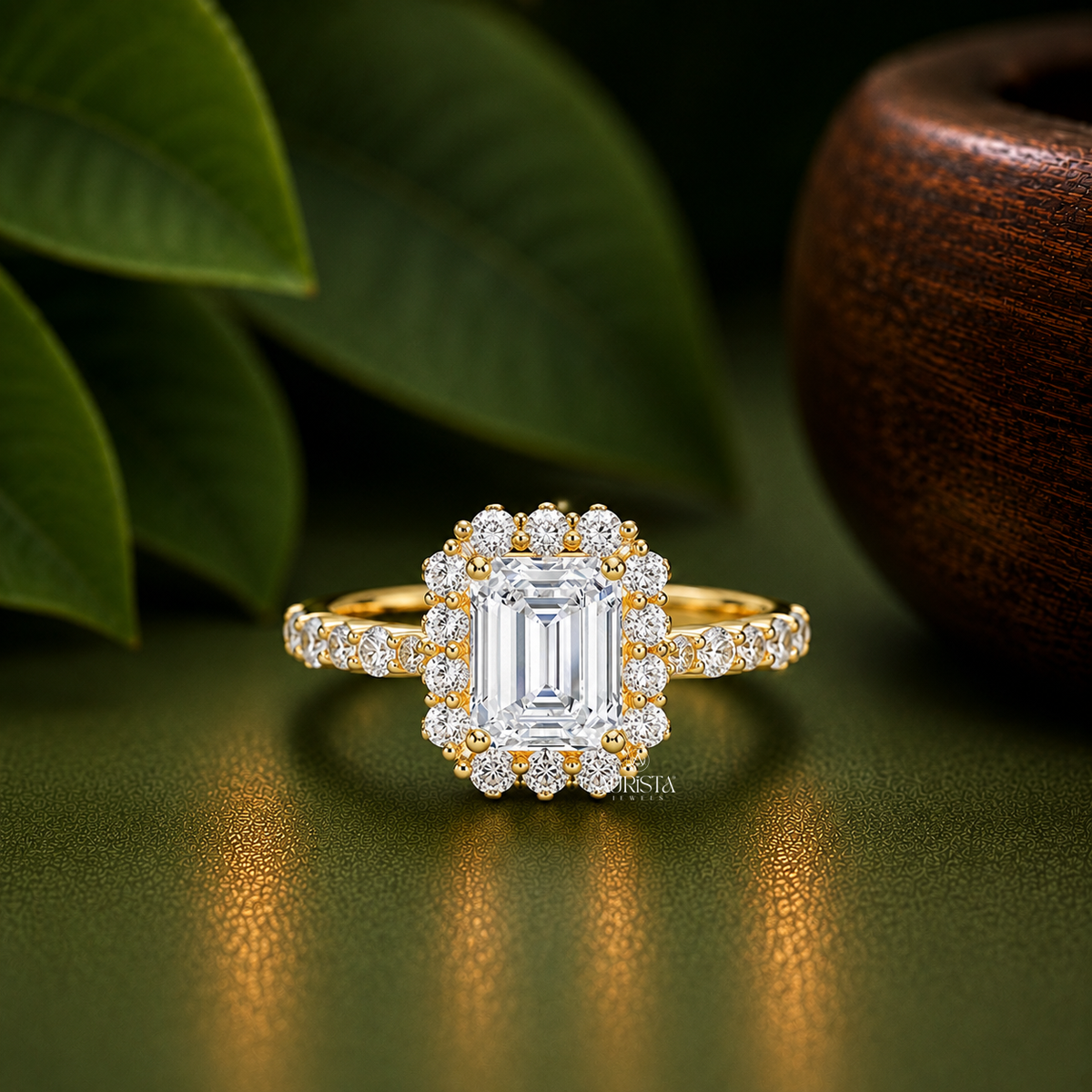 Emerald Shape Lab Grown Diamond Ring, Floral Halo Gold Ring With Round Side Stones