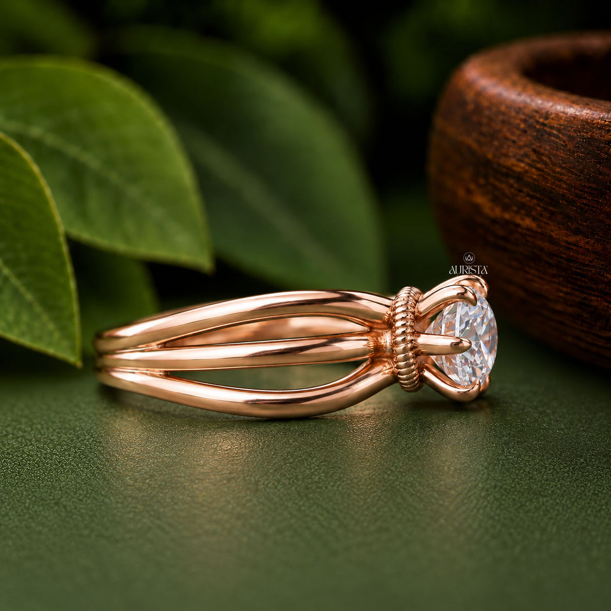 Round Cut Lab Grown Diamond Engagement Ring, Multi-Band Rose Gold Wedding Ring