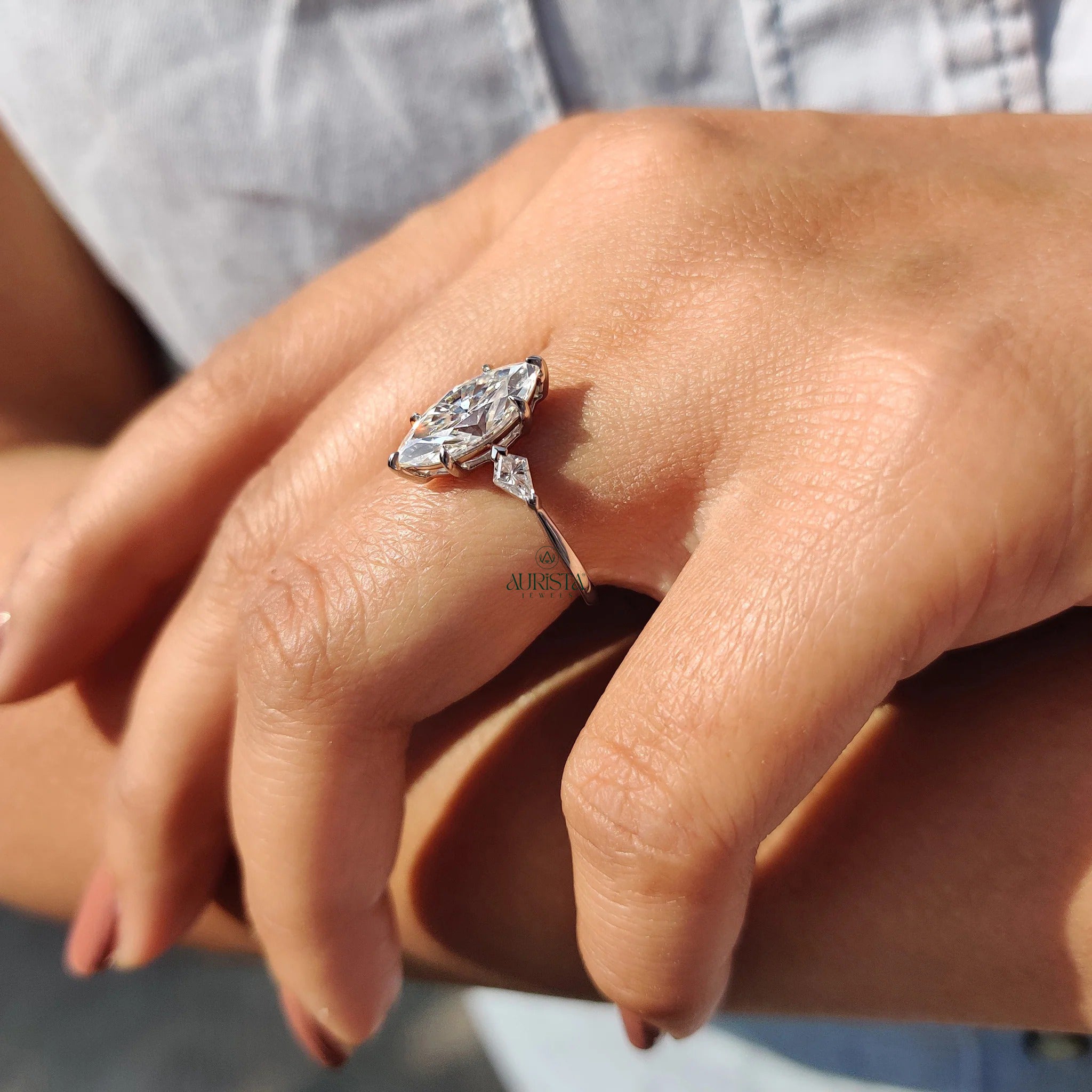 Marquise Moissanite in Diamond Kite Accent White Gold 3 Stone Engagement Ring
