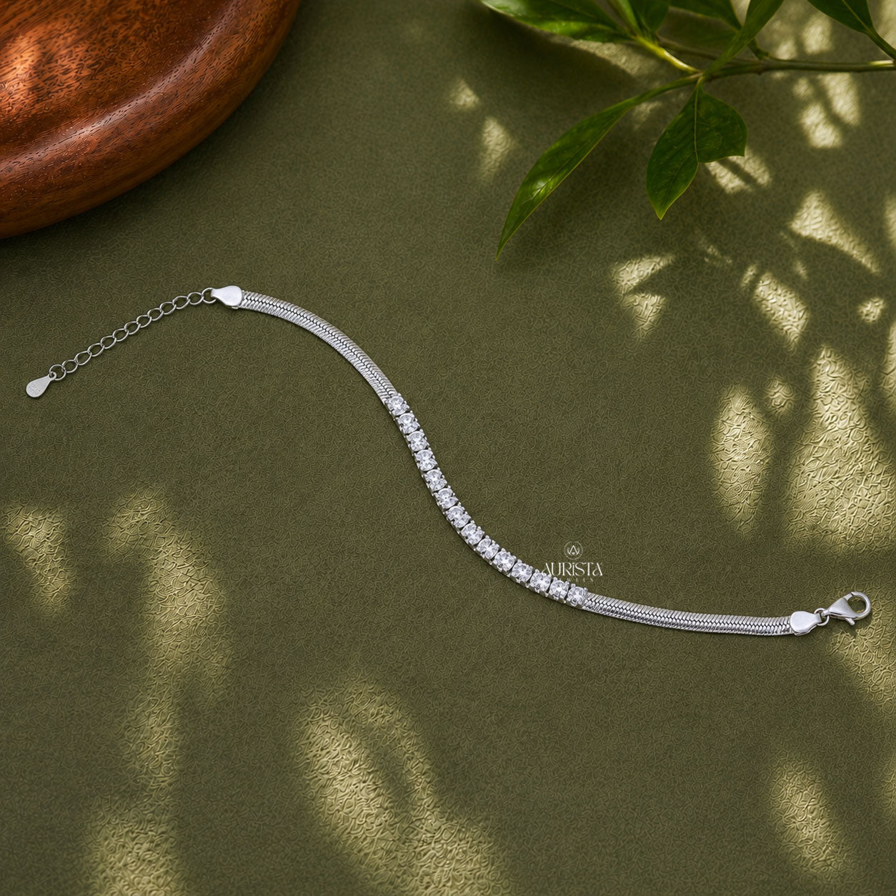 Oval Diamond Herringbone Snake Chain Bracelet ,Adjustable Tennis Bracelet