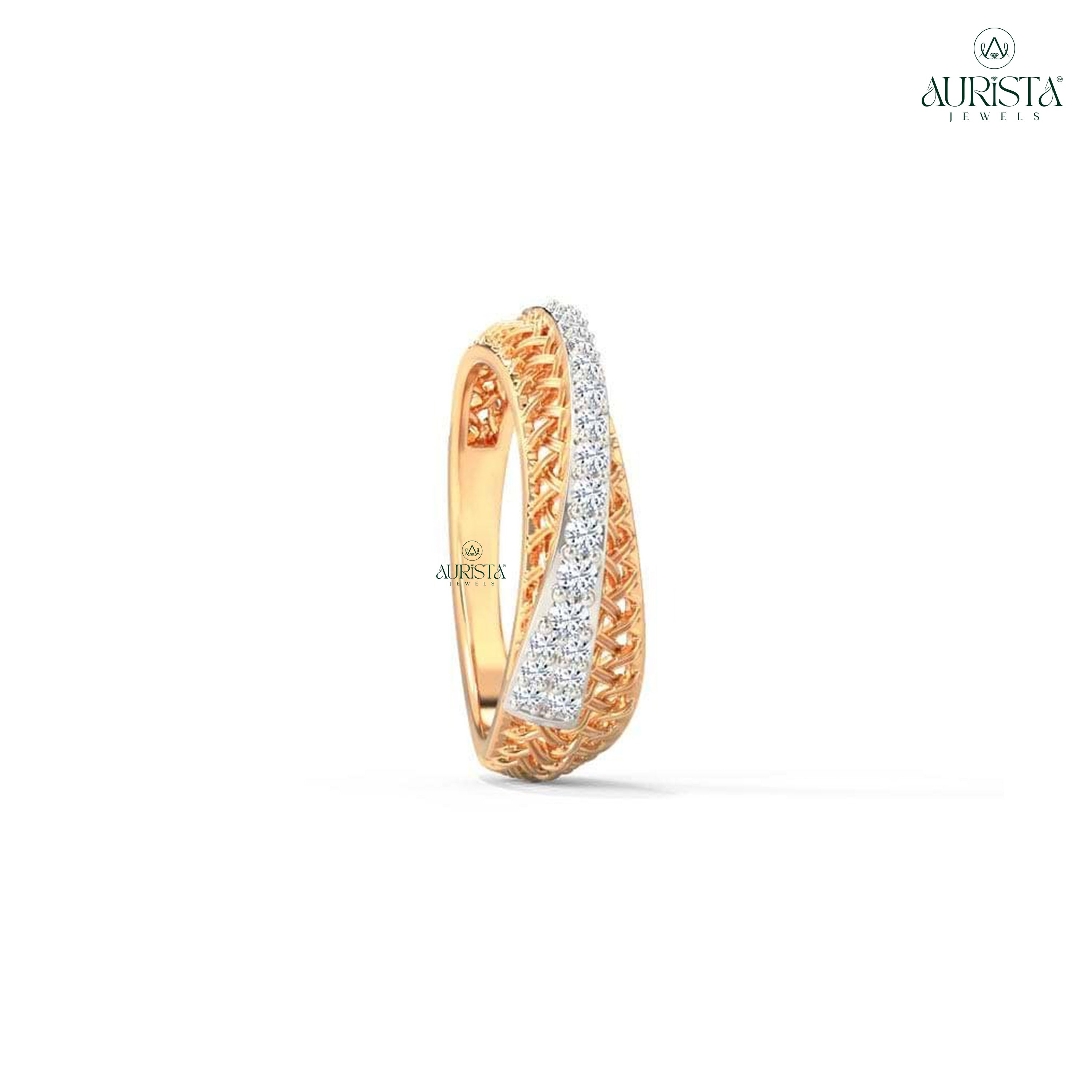Round Cut Moissanite Diamond  Woven Texture Band Rose Gold Unique Anniversary Ring Gift