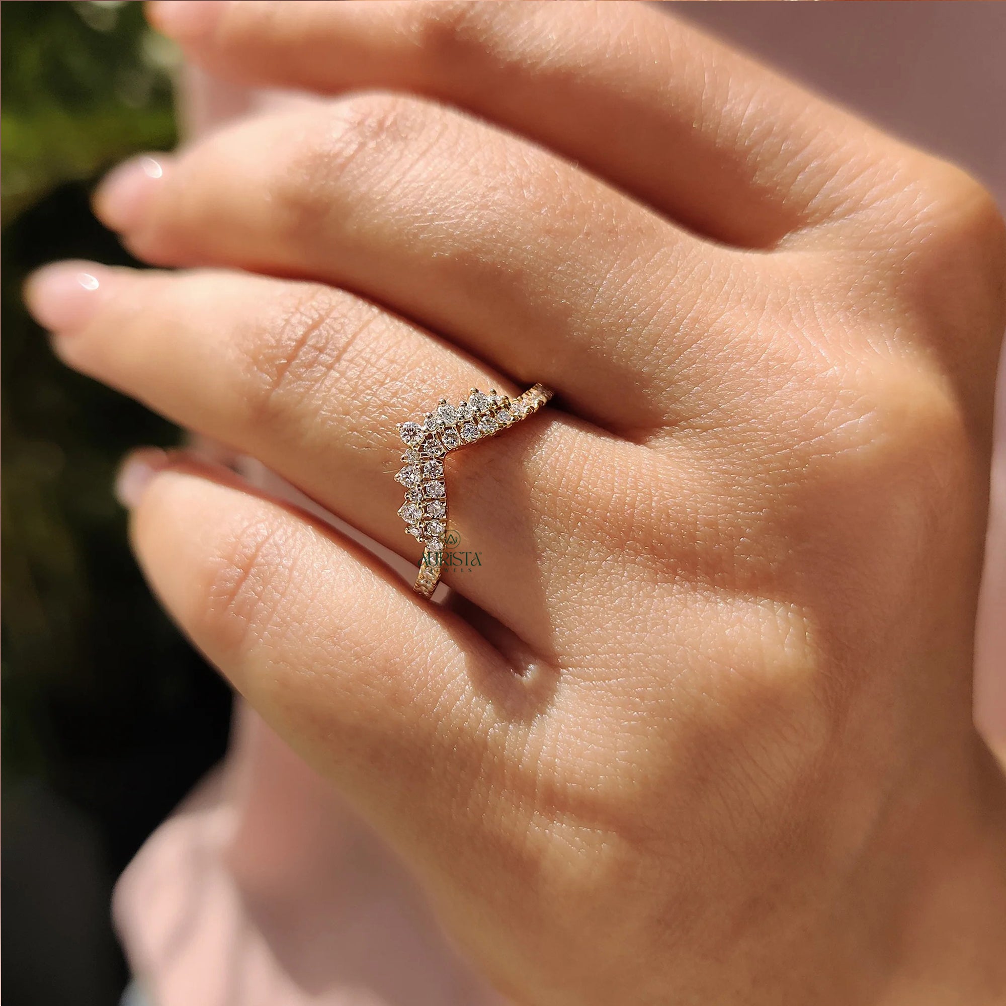 Round Lab Grown Diamond Curved Chevron Ring - Gold Crown Wishbone Stacking Band