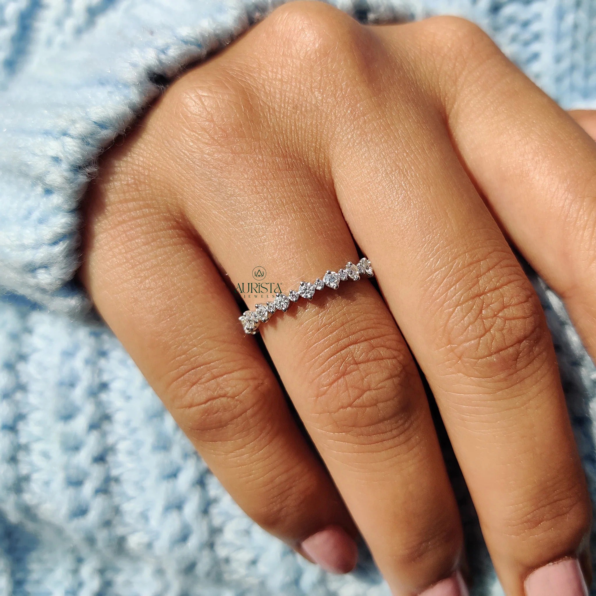 Round Cut Moissanite Diamond Eternity Band Minimalist Stackable Wedding Ring Band