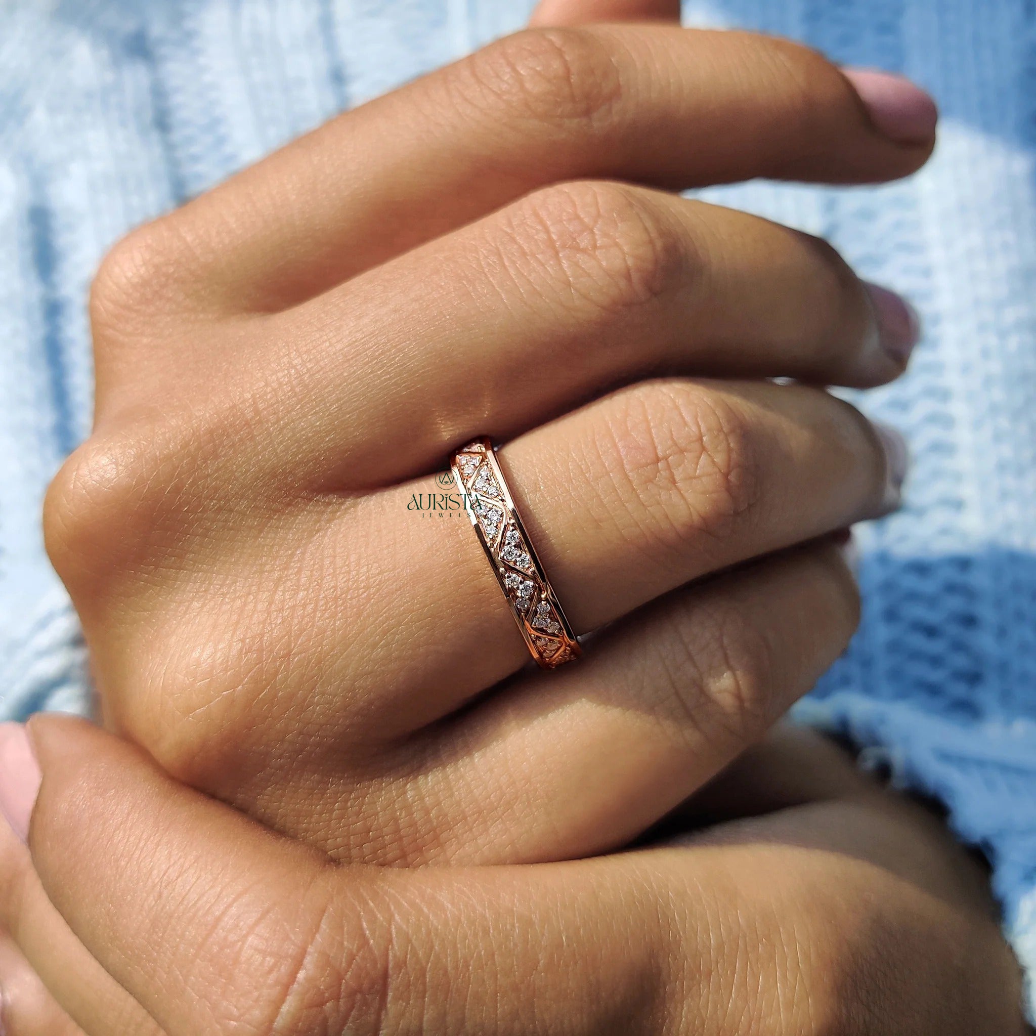 Moissanite Diamond Engraved Rose Gold Band Minimalist Geometric Wedding Ring