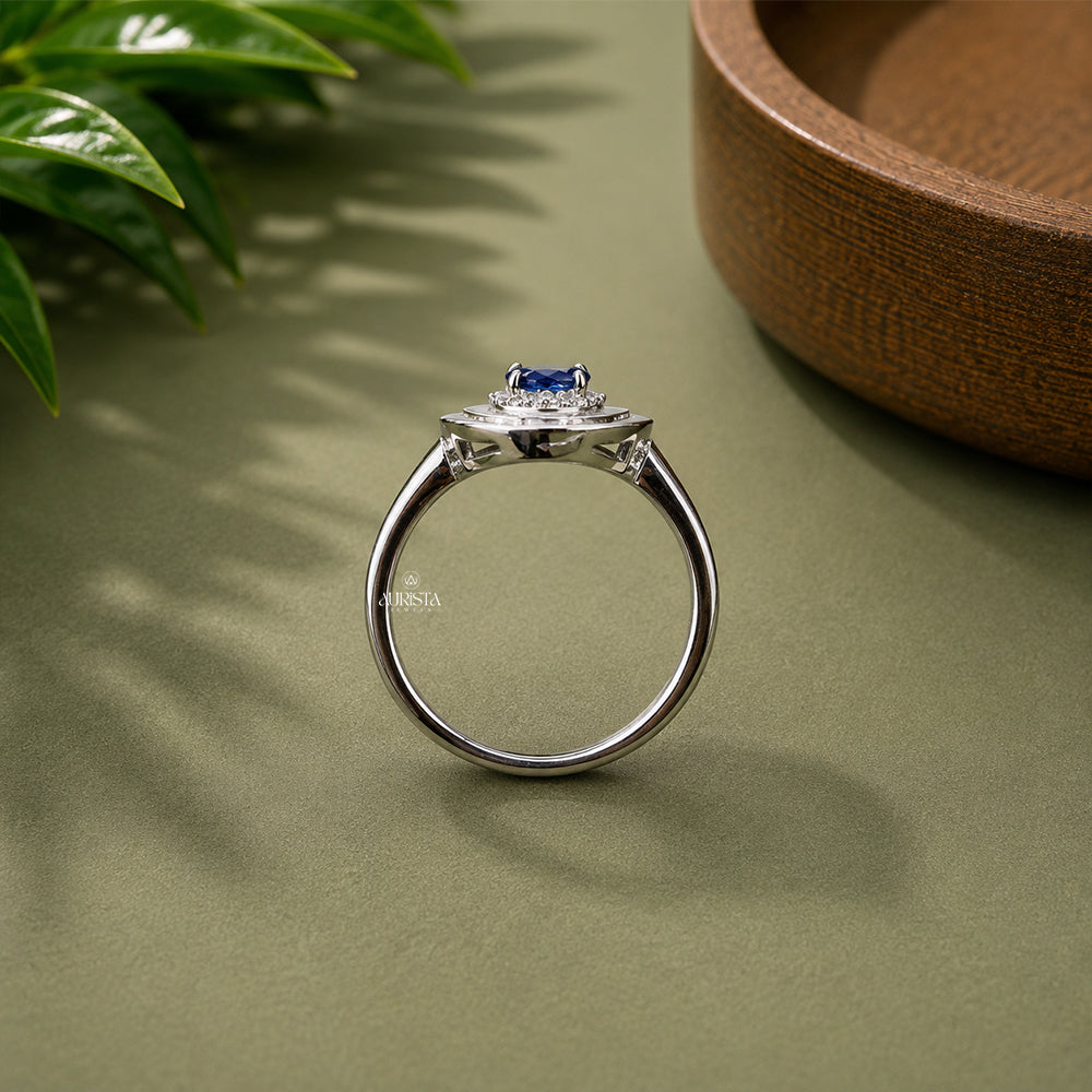 Oval Blue Moissanite Halo Ring, Sterling Silver Statement Ring, Cocktail Ring Gift