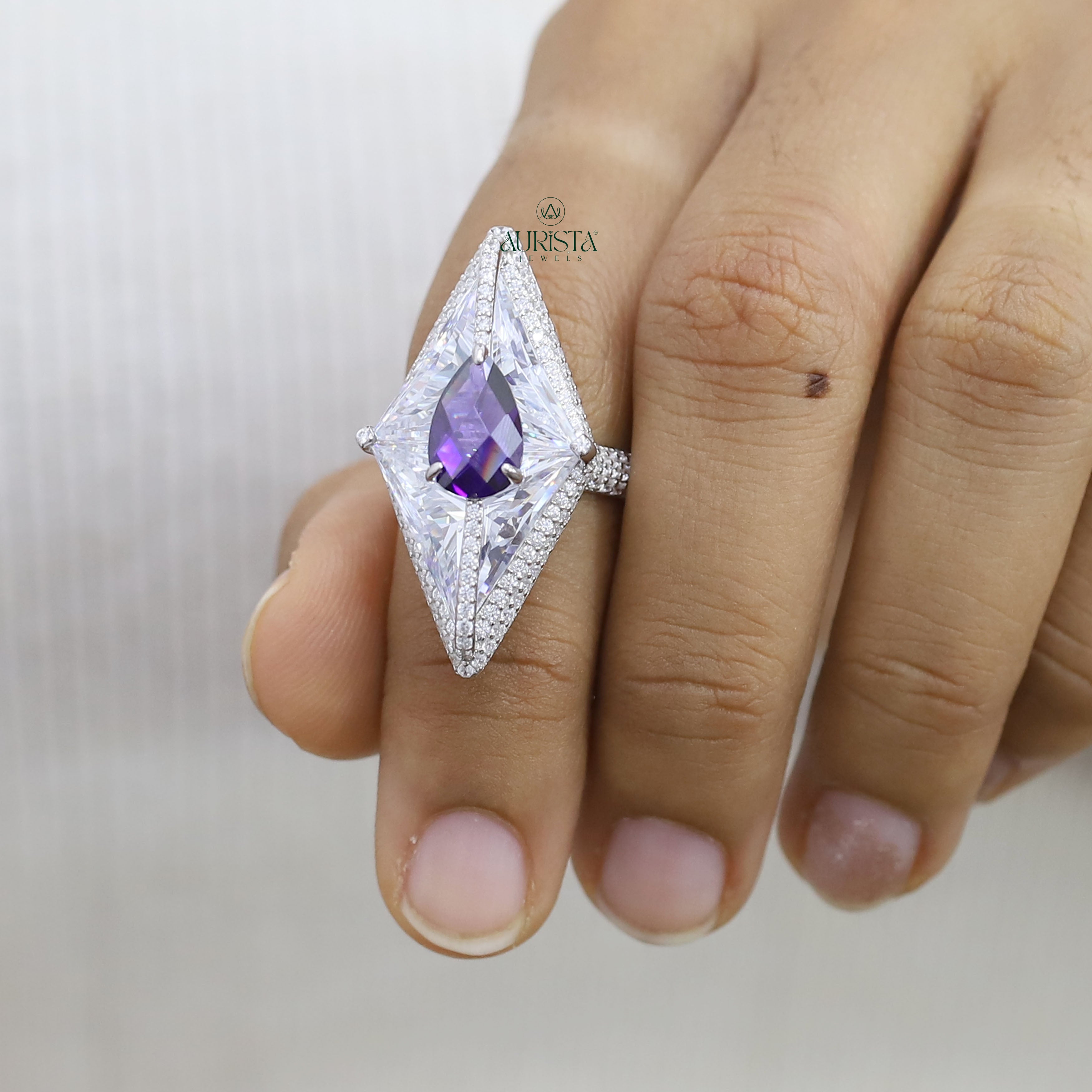 Unique Pear Cut Purple Gem, Kite  Moissanite  Diamond Statement Cocktail Ring White Gold