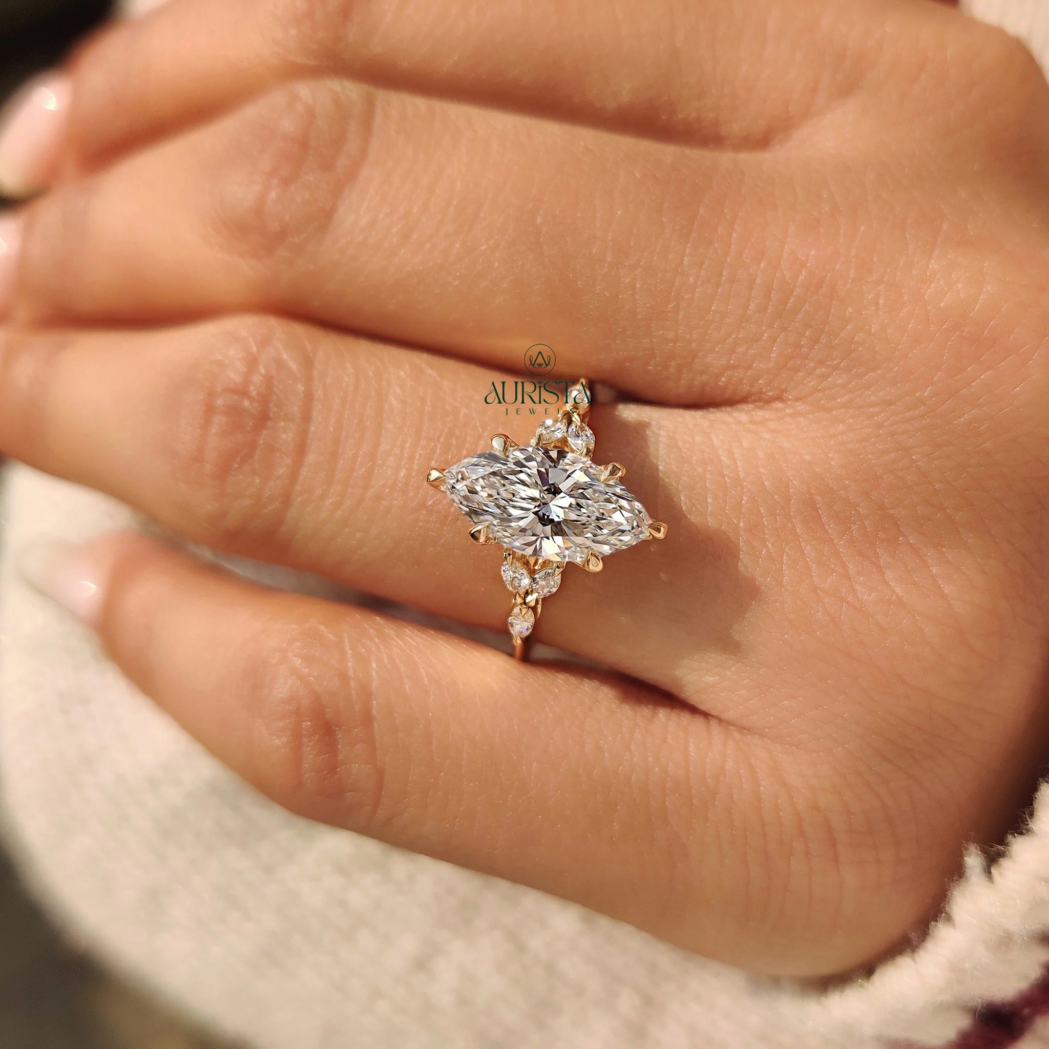 Marquise Cut Diamond Ring with Botanical Marquise Side Stone